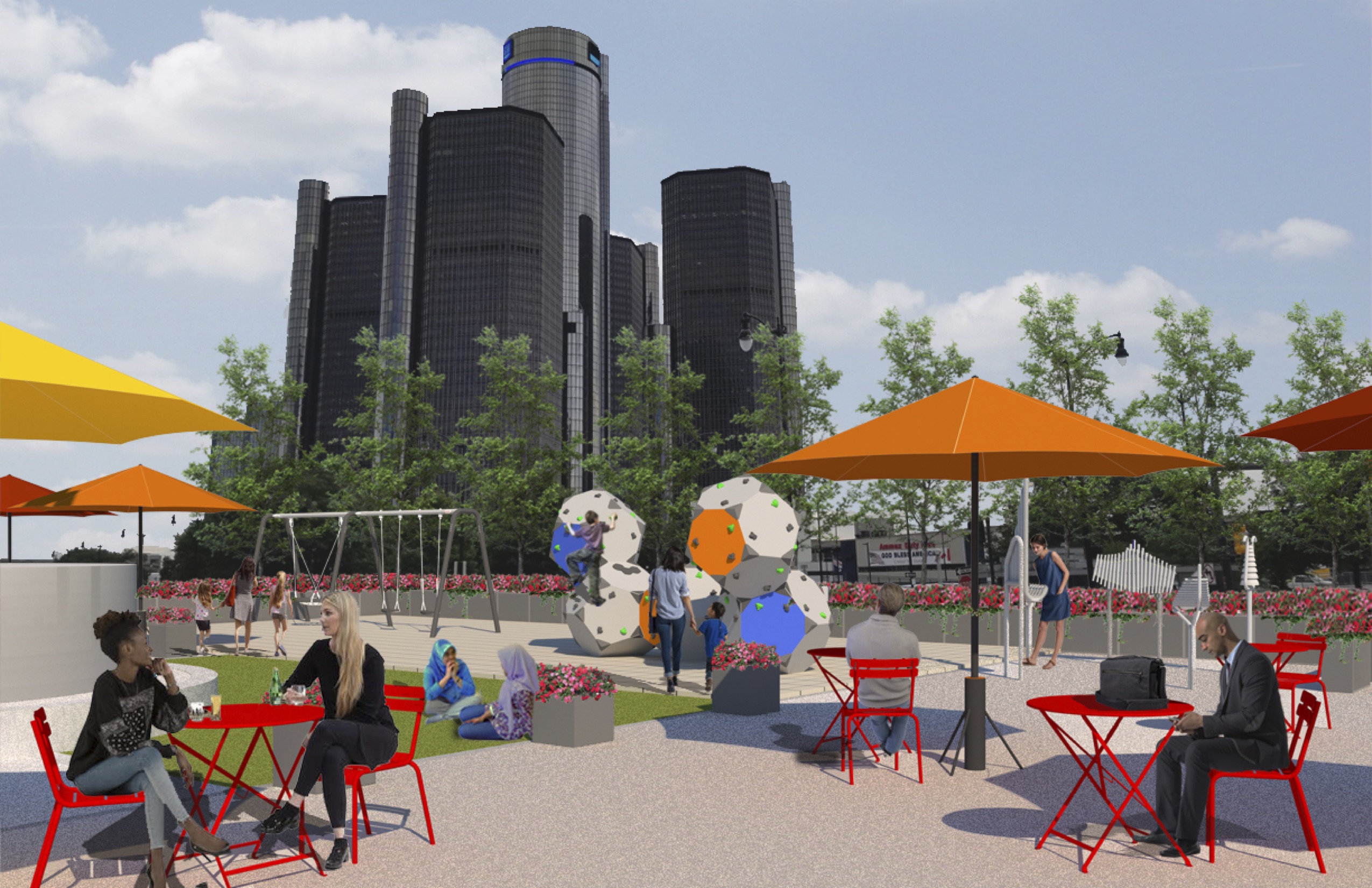Rendering of people sitting at several red tables under awnings with play ground equipment and a big glass skyscraper in the background.