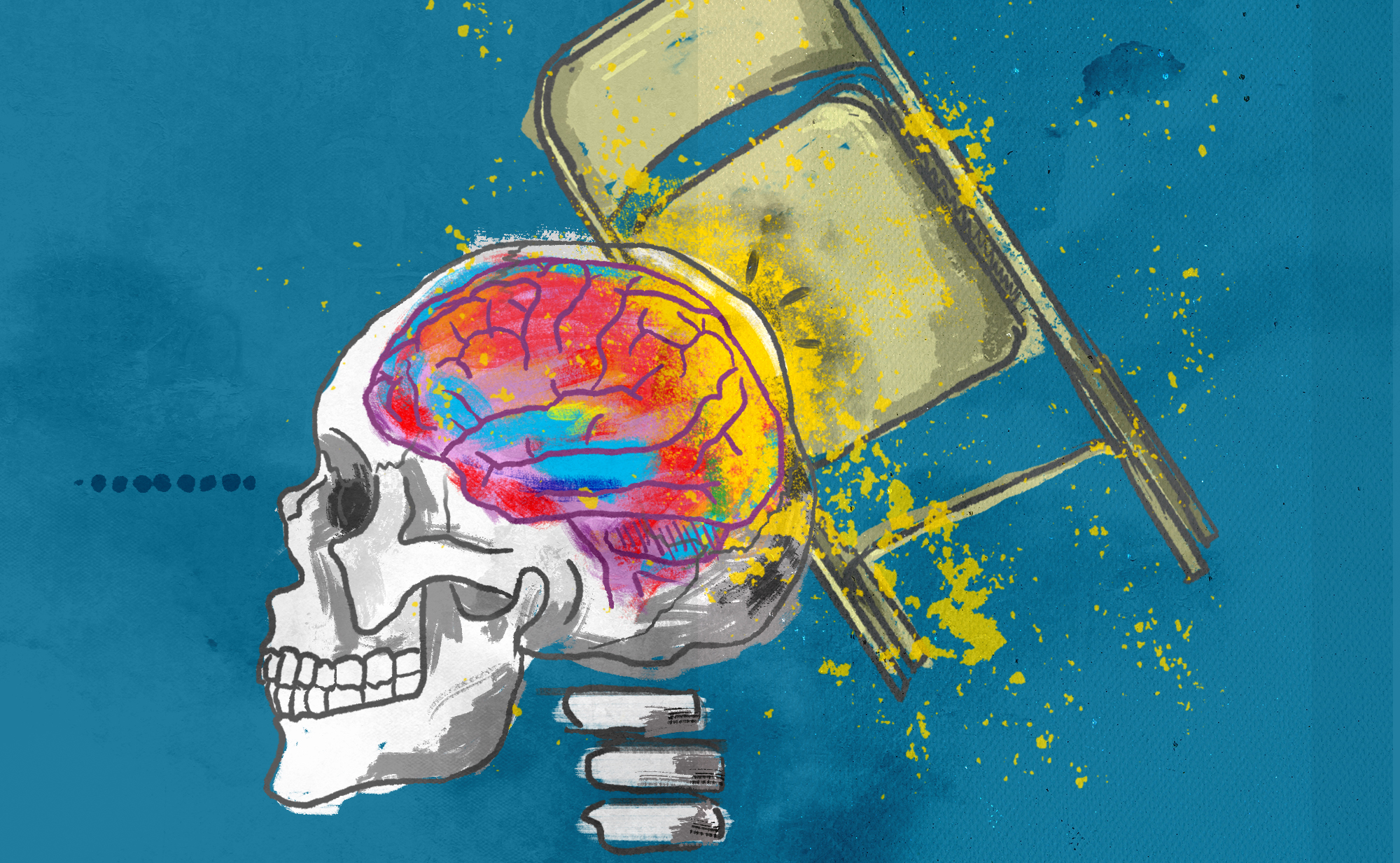An illustration of a metal folding chair hitting a human skull that shows a brain inside.