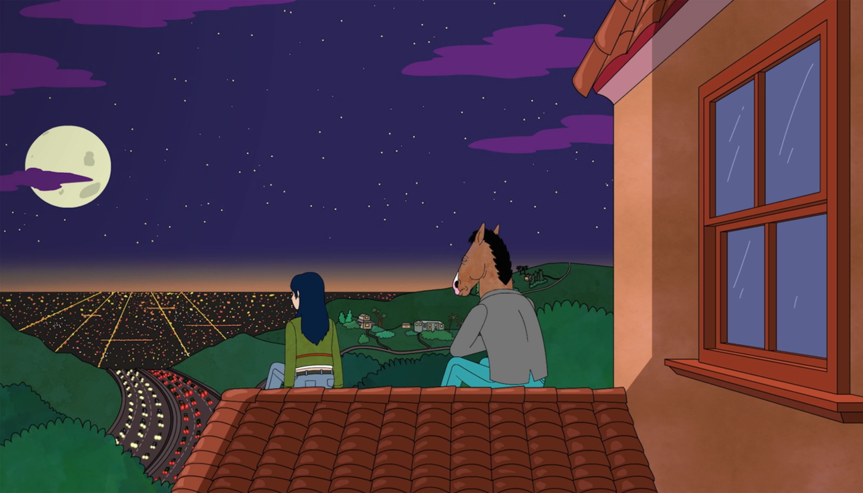 Netflix系列电影《波杰克骑士》中的一部剧照。博杰克和他的朋友坐在一座房子的屋顶上，俯瞰着洛杉矶的城市景色。现在是晚上，天上有满月和星星。