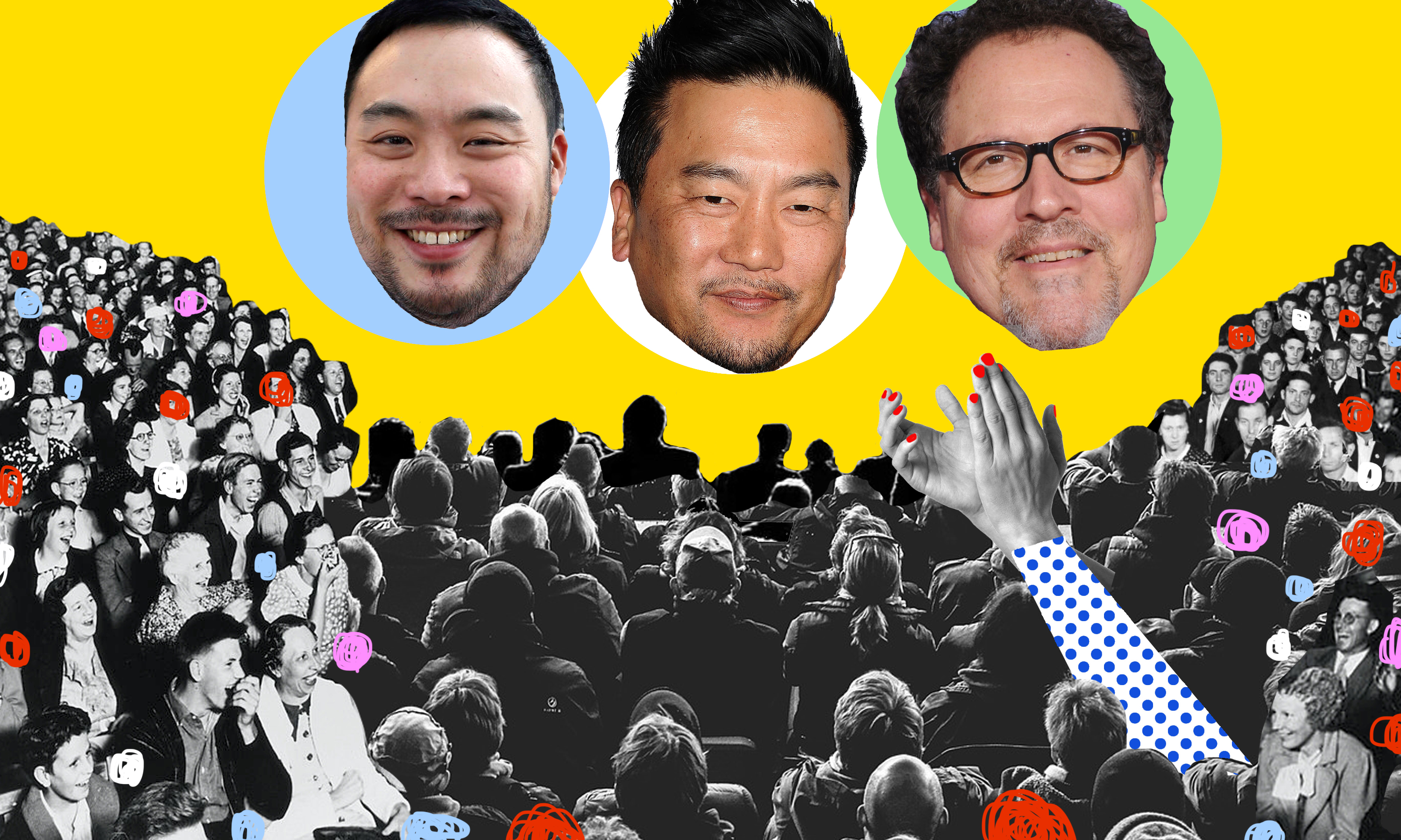 The heads of David Chang, Roy Choi, and Jon Favreau float over a theater crowd in black and white.