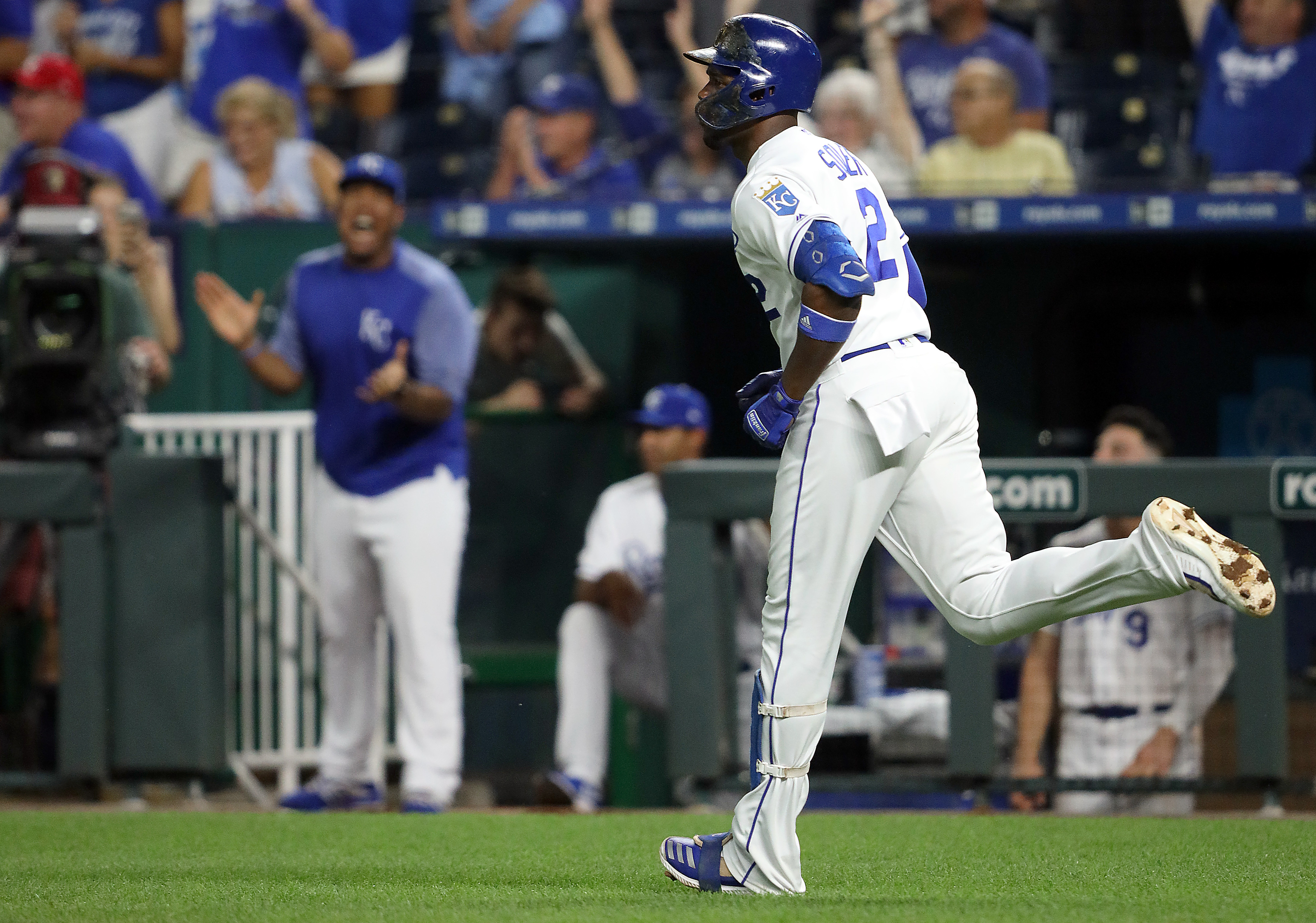 Jorge Soler #12 of the Kansas City Royals rounds the bases after hitting his 39th home run of the year, a single-season club record, during the 3rd inning of the game against the Detroit Tigers at Kauffman Stadium on September 03, 2019 in Kansas City, Mis