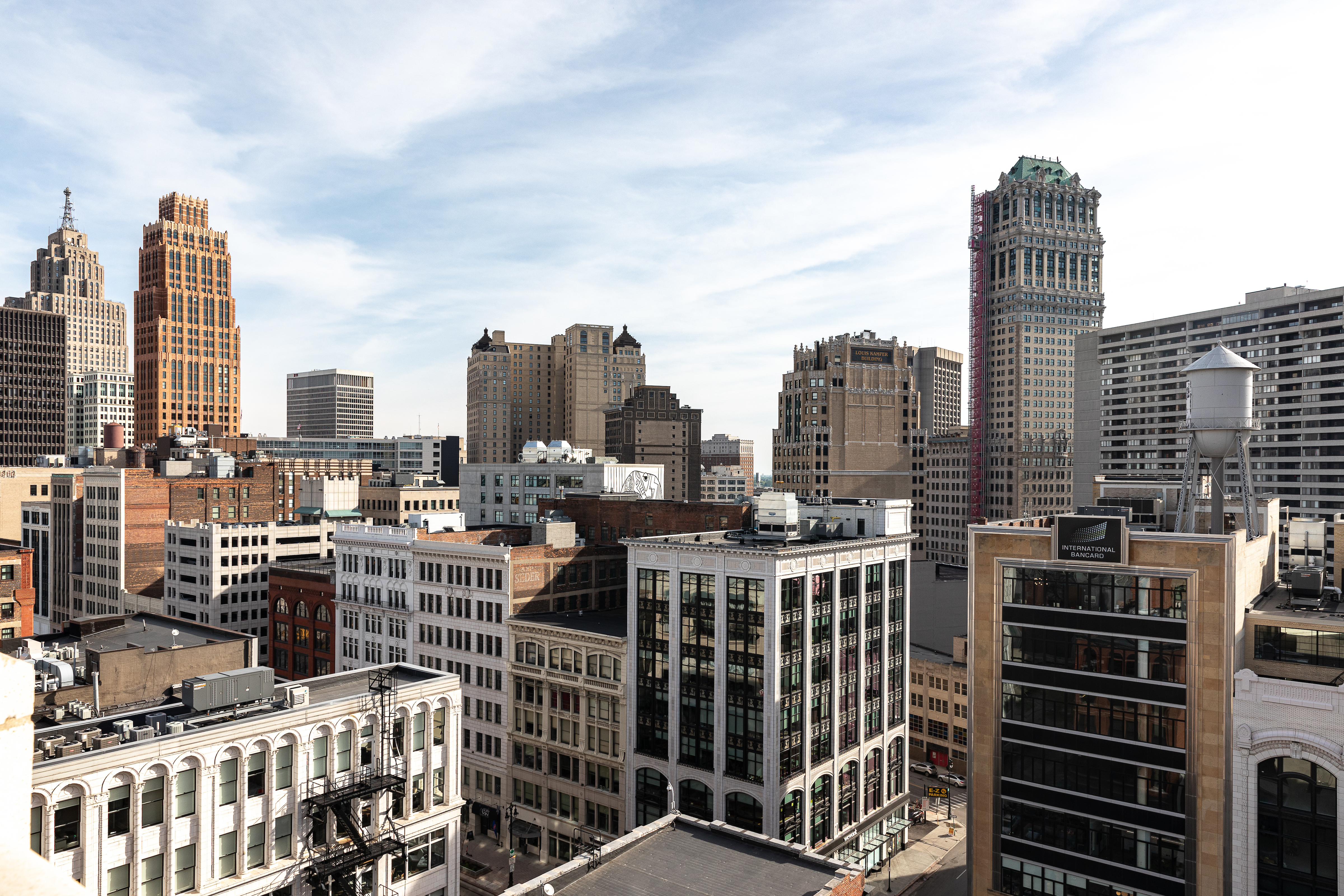 A view from the top of a building looking north into downtown Detroit.
