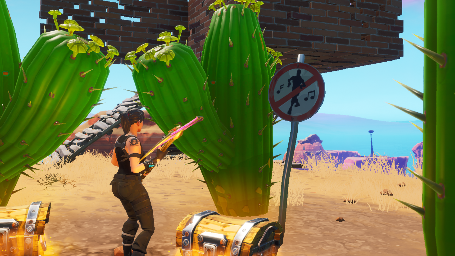 A Fortnite player standing in front of a no dancing sign