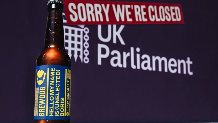 Brewdog’s anti-Boris Johnson beer, in front of a backdrop saying Parliament is closed