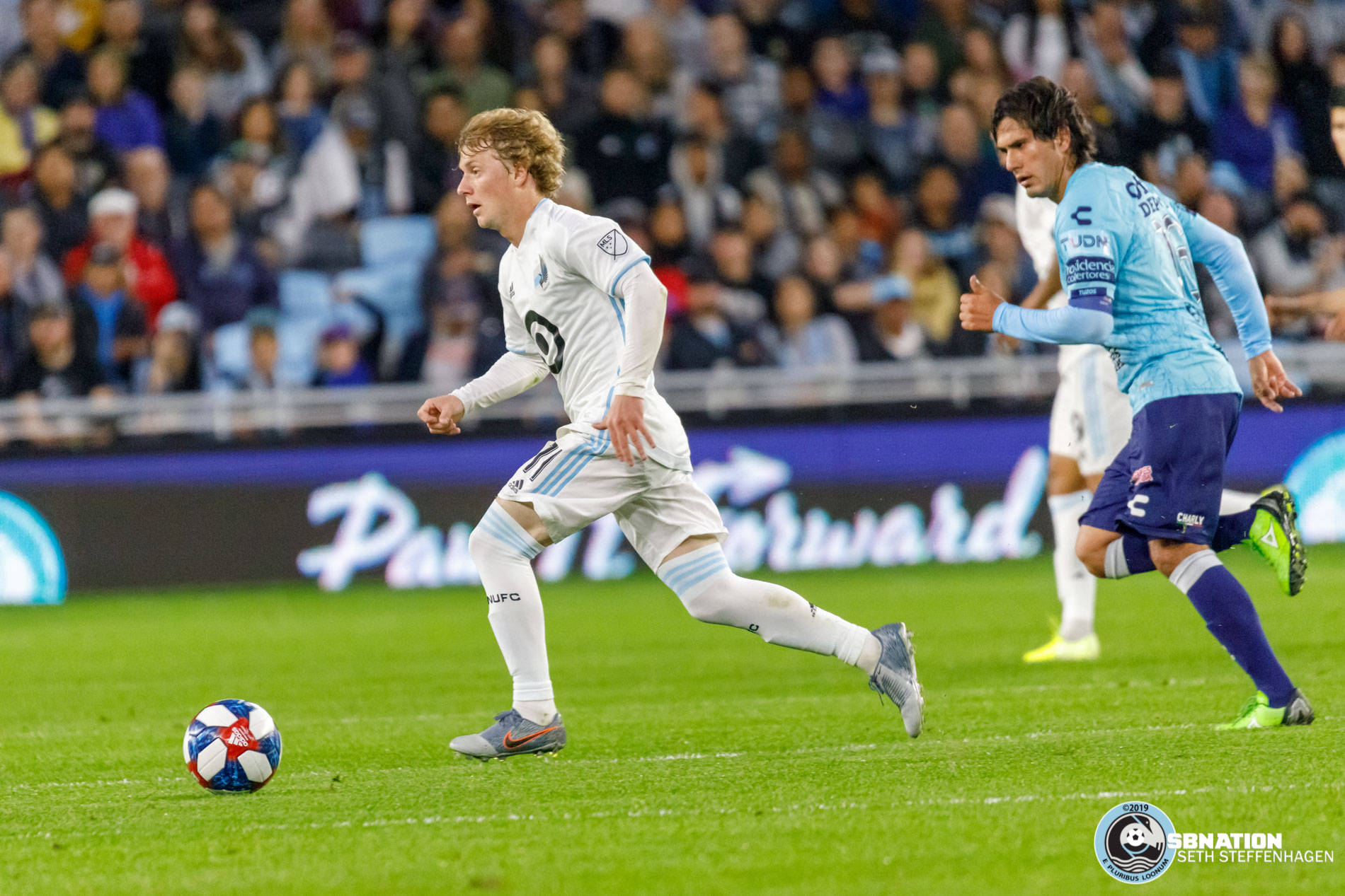 September 7, 2019 - Saint Paul, Minnesota, United States - Minnesota United midfielder Thomas Chacon (11) dribbles the ball during the  international friendly match against Pachuca at Allianz Field. 
