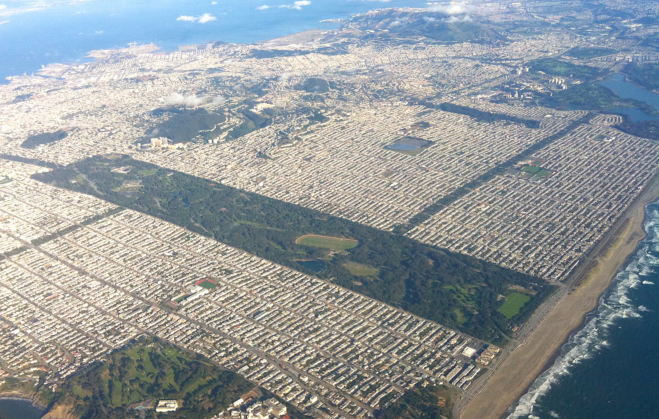 An aerial photo of San Francisco’s west side, with Golden Gate Park as a long, rectangular strip of green in the center.