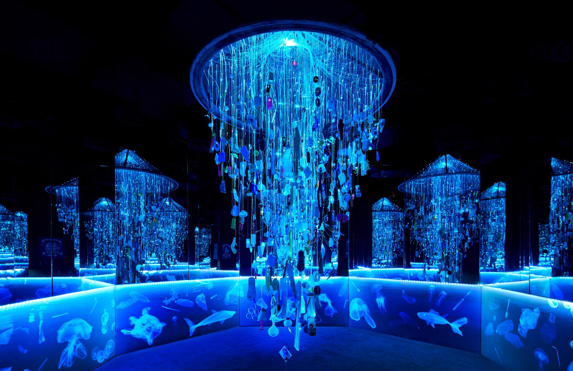 Installation made from glowing jellyfish.