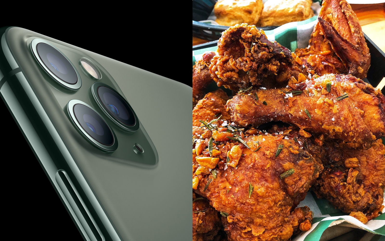 Diptych: new iPhone 11, and a close-up of fried chicken.