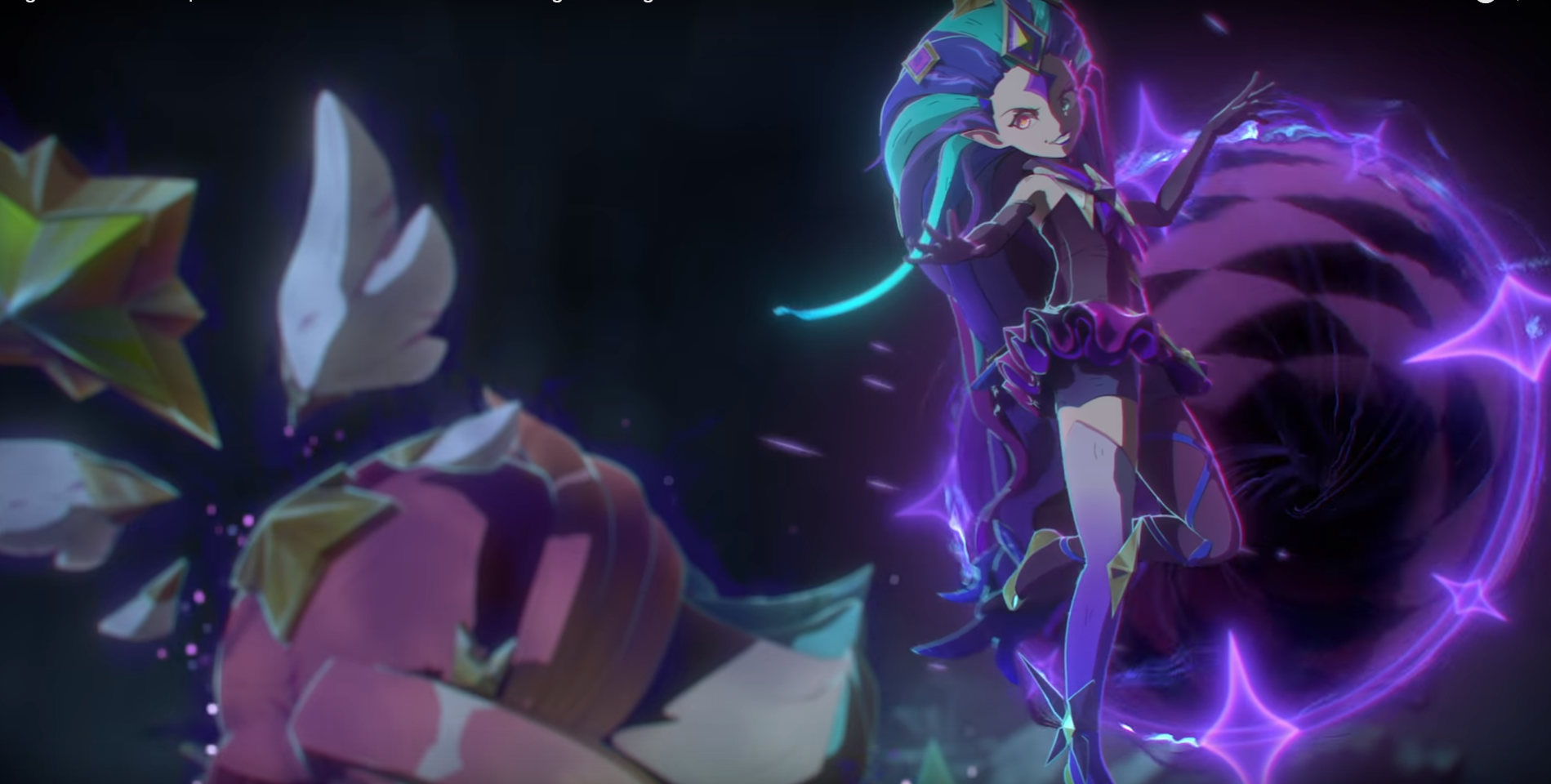 Star Guardian Zoe emerges from a purple portal and attempts to corrupt Neeko while floating just behind her