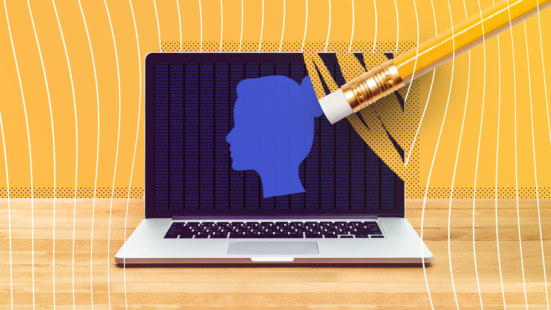 Illustration of a laptop that has the silhouette of a woman on it being erased by a pencil.