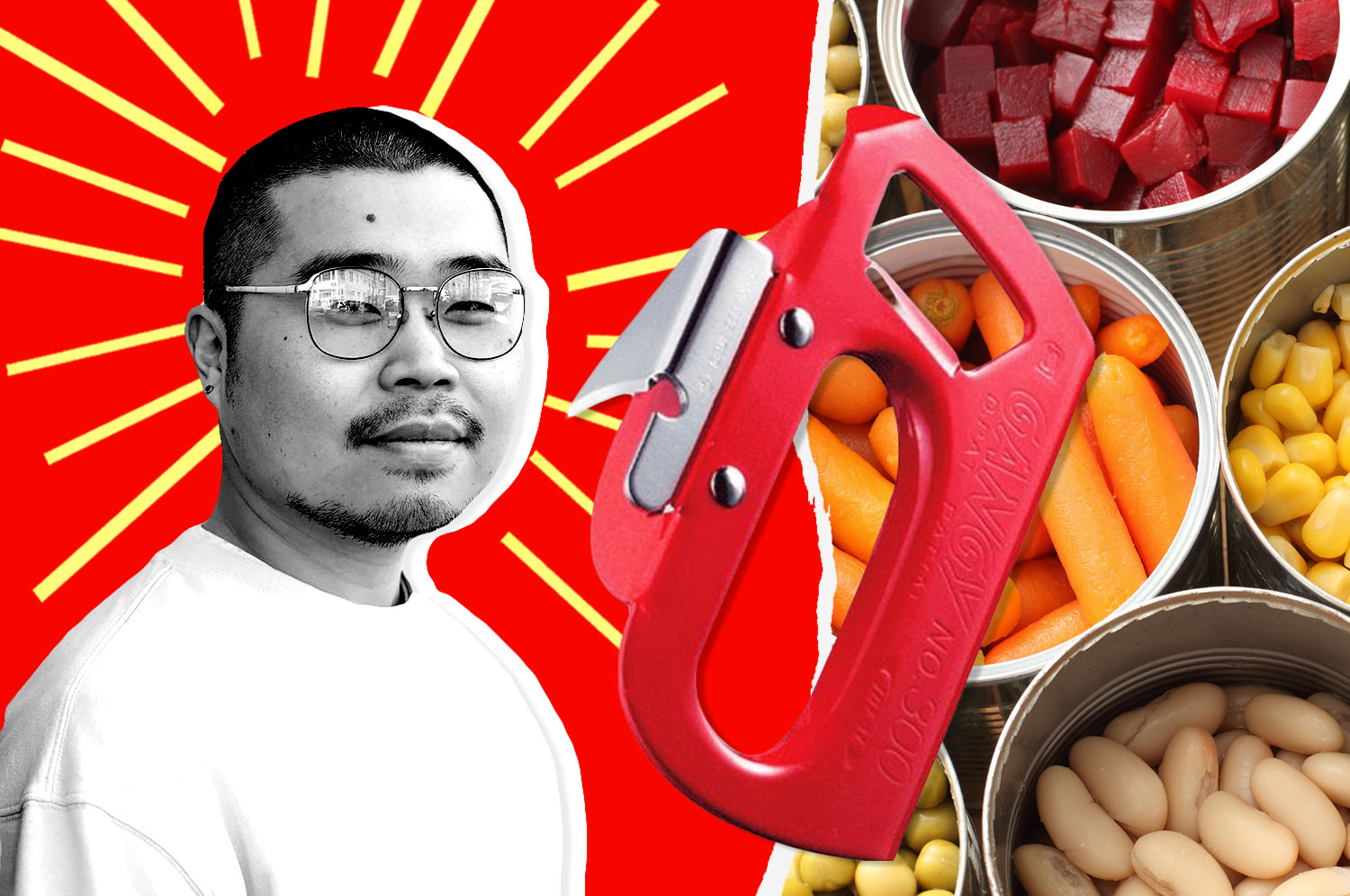 A photo illustration with a portrait of Max Boonthanakit, a japanese can opener, and baskets of vegetables 