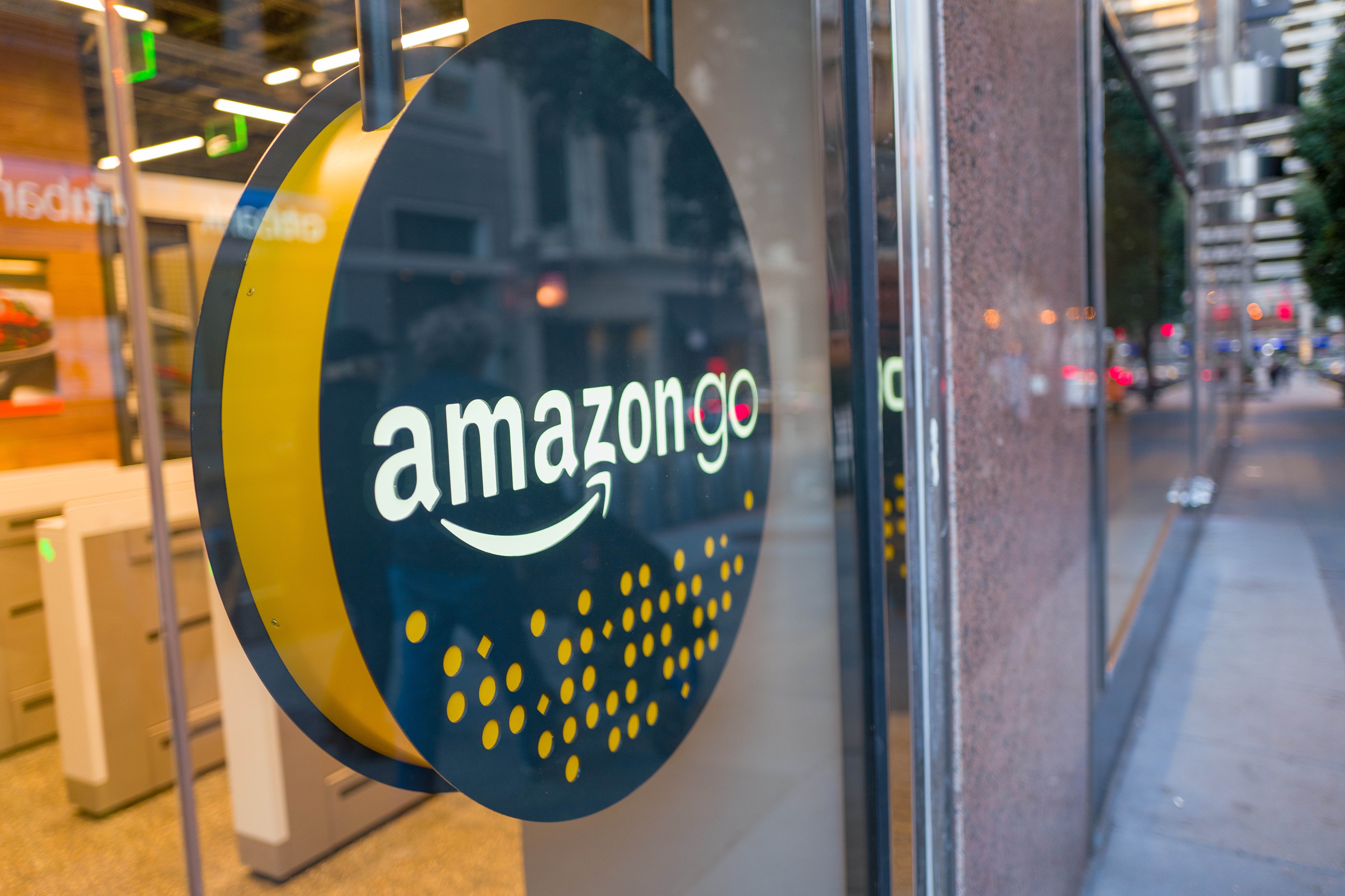 Facade with logo and sign at the Amazon Go concept store