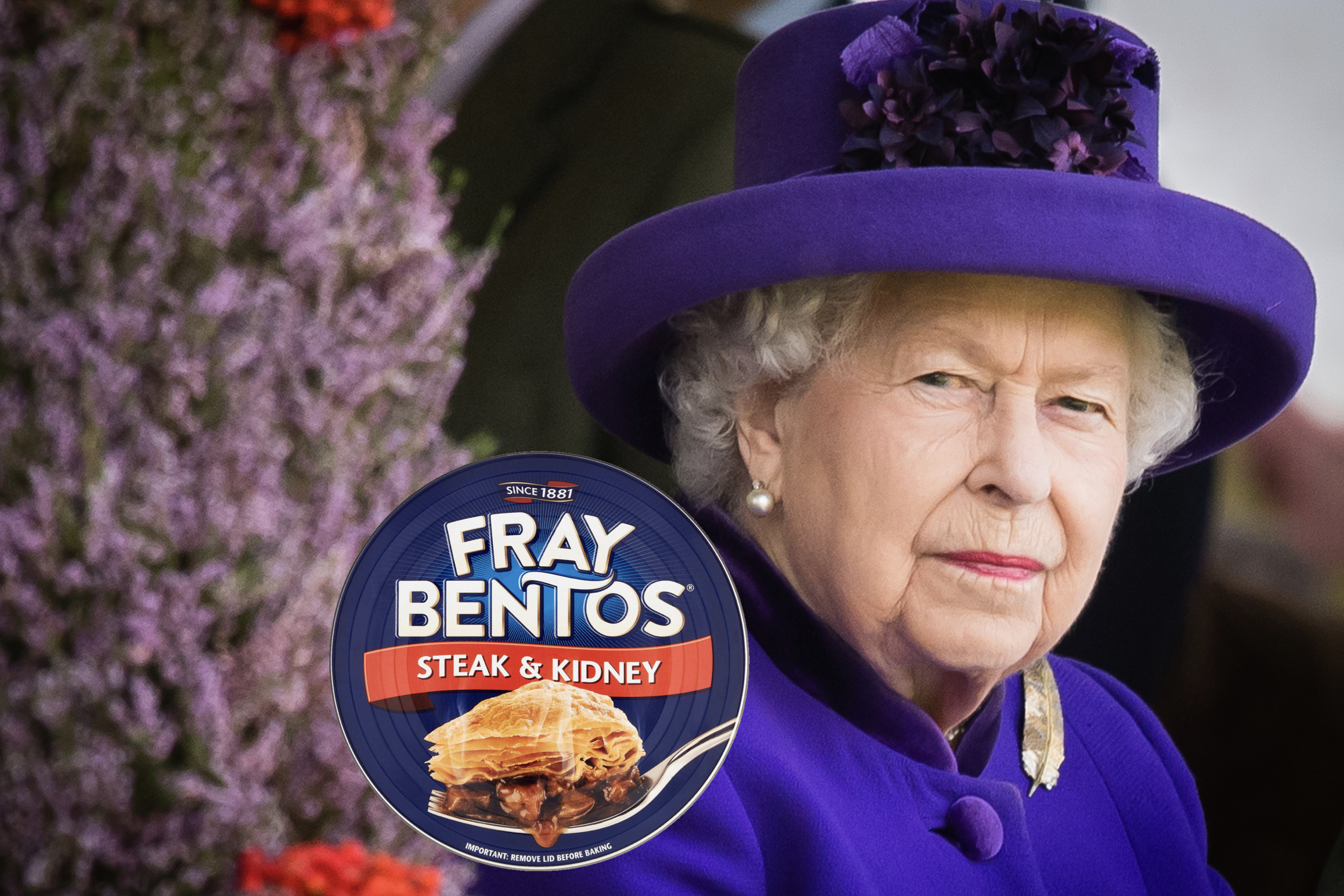 Queen Elizabeth II, wearing purple at an event in Scotland, with a Fray Bentos pie photoshopped in to illustrate her love of the pie on planes