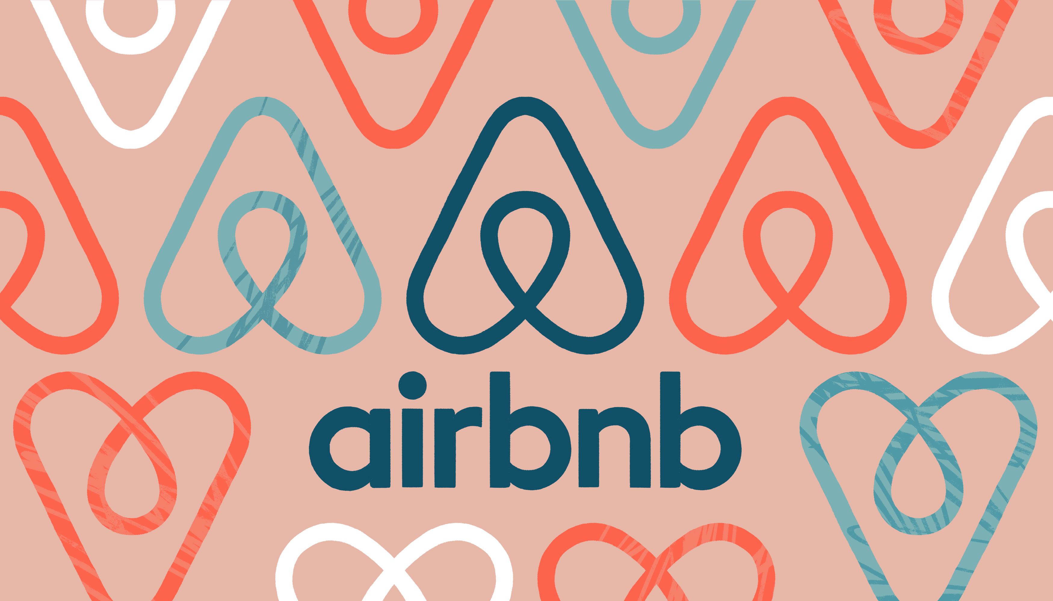 An illustration of Airbnbs logo in multiple colors on a red background.