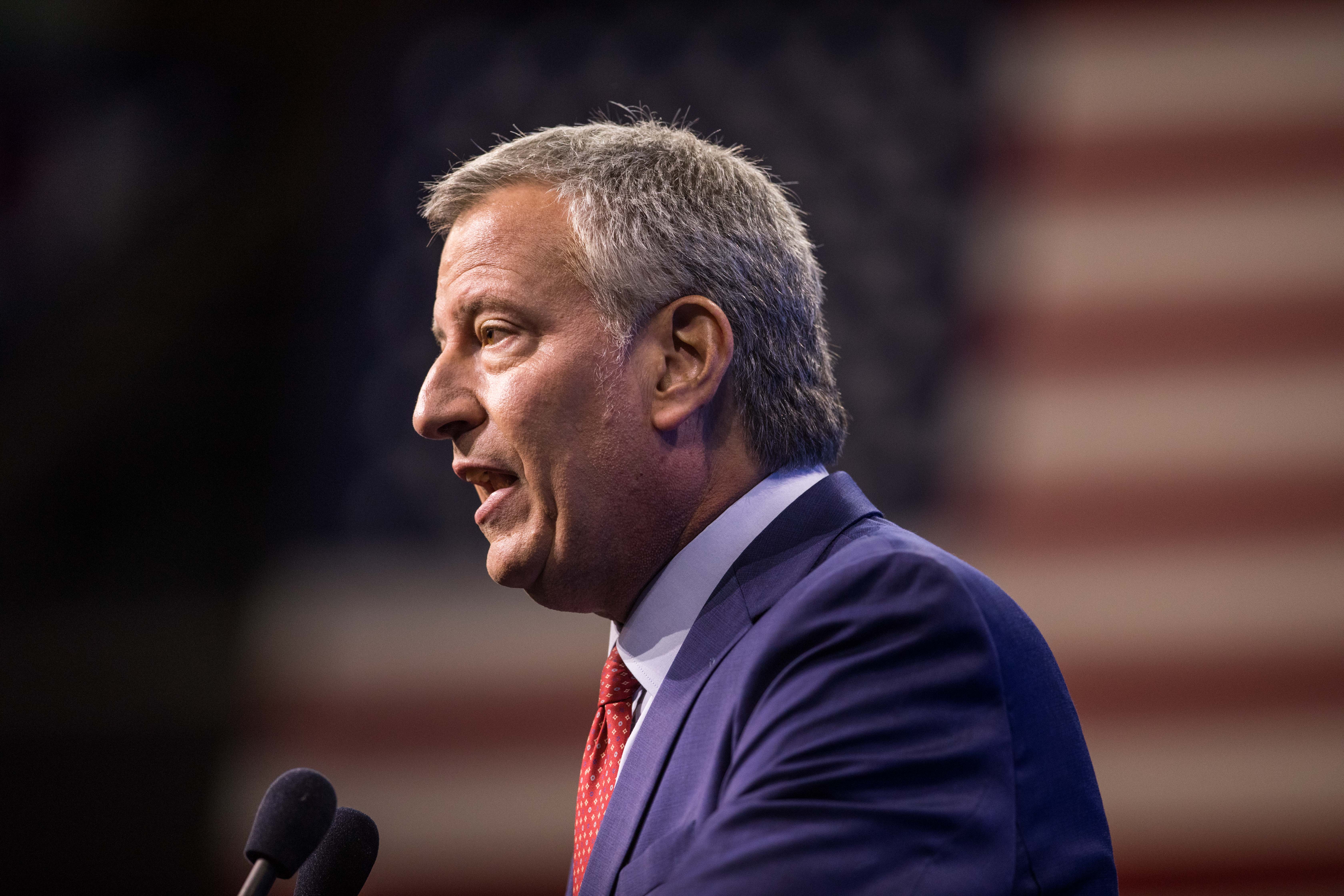 New York City Mayor Bill de Blasio speaks at a Democratic Party Convention in New Hampshire.
