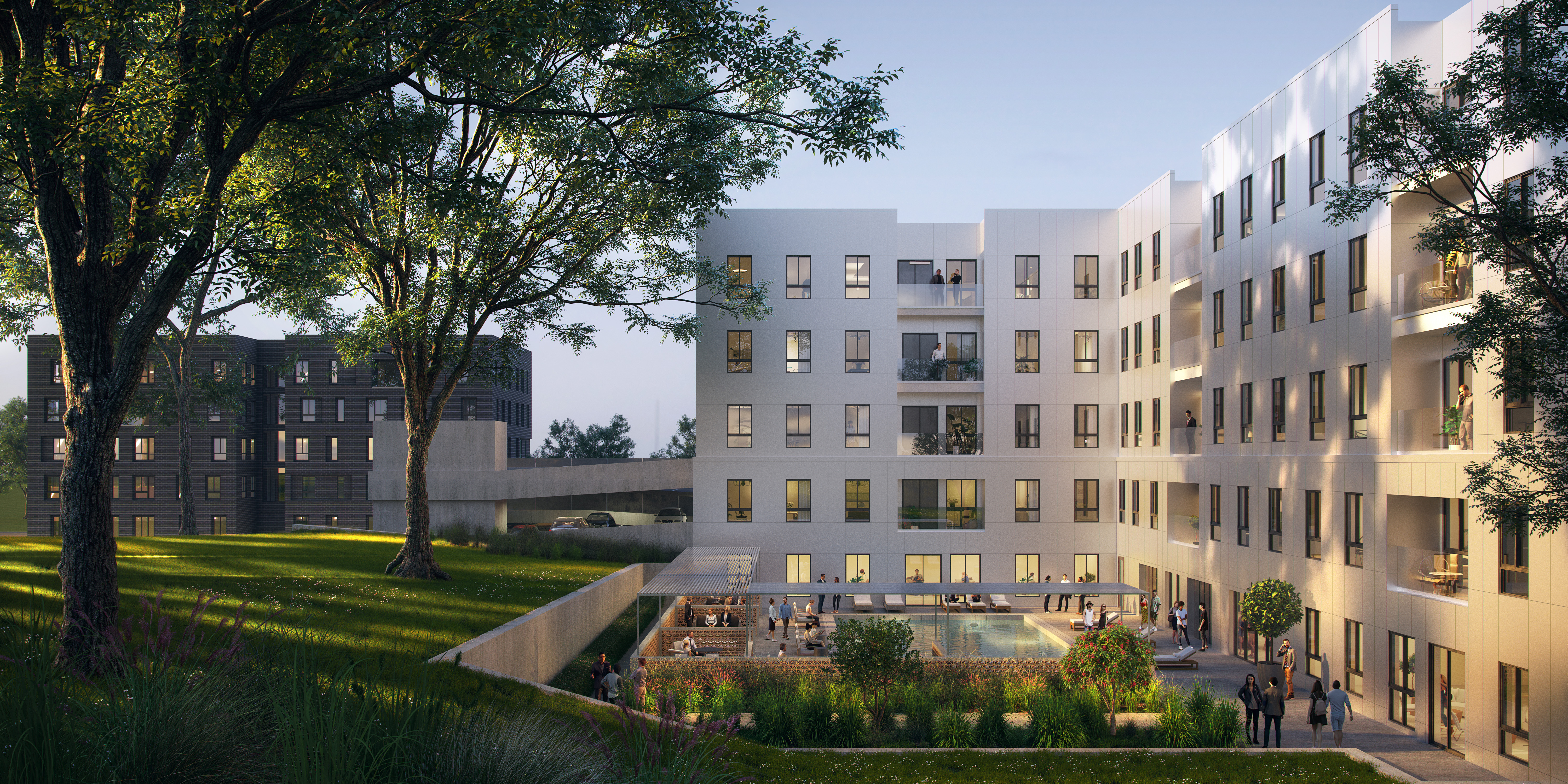 Rendering of a modernist coliving building, including an austere white facade.
