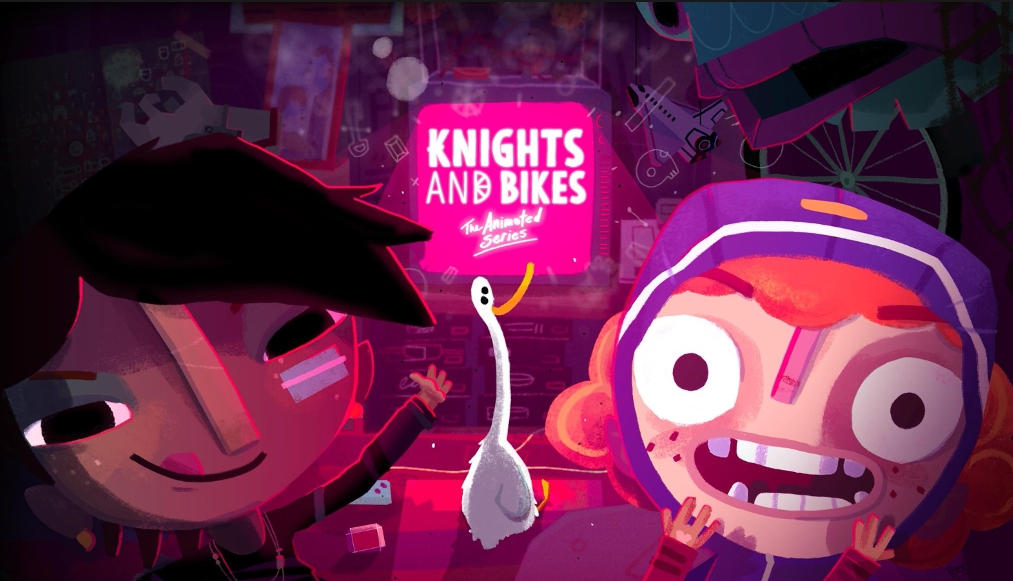 Knights and Bikes animated TV show logo, with two characters and a goose