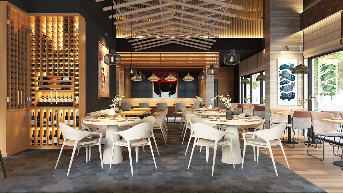 A rendering of the Kanau Sushi dining room 