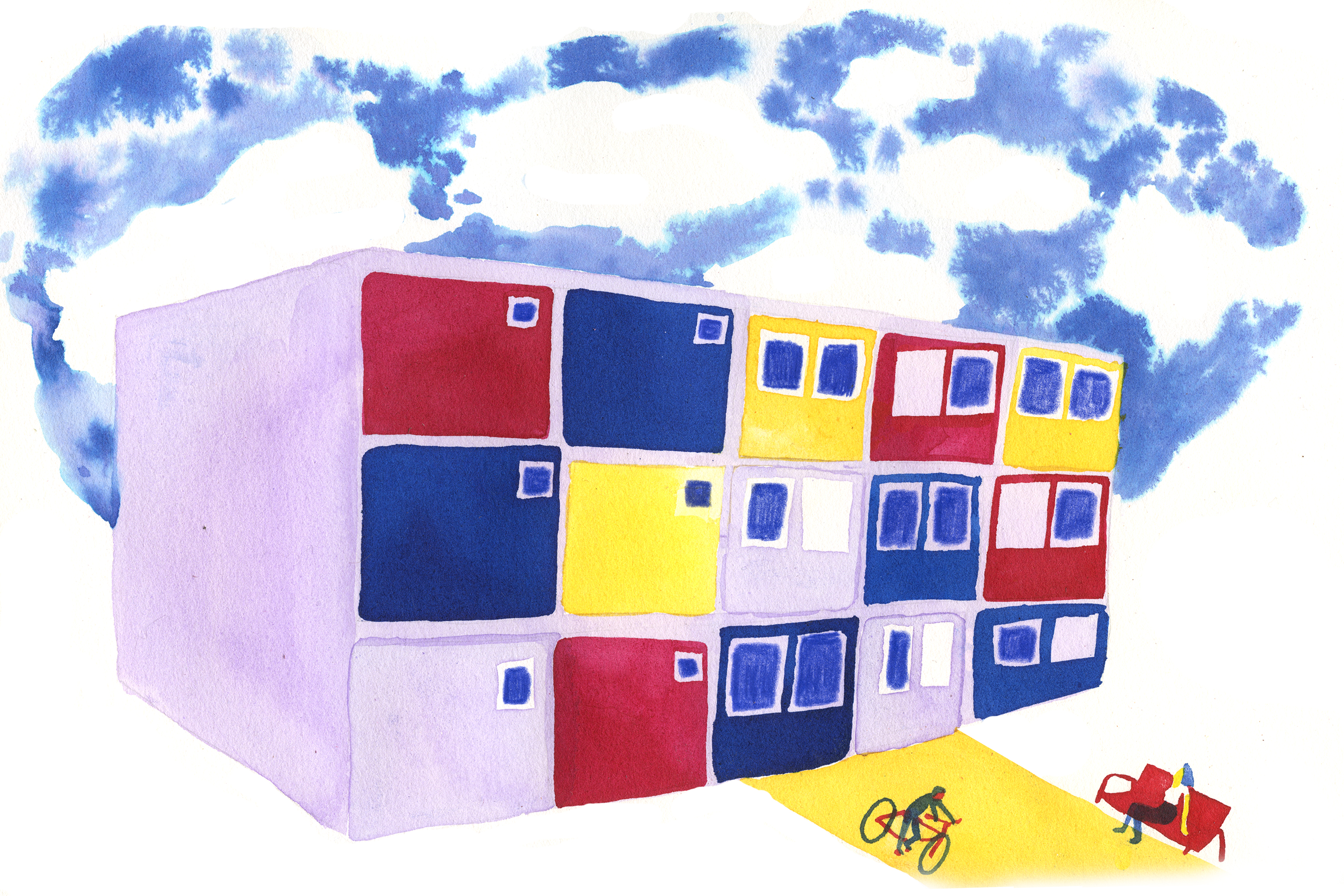 An illustration of an apartment building with red, yellow, and blue walls; a cyclist; a person sitting on a bench; and a blue sky with fluffy clouds.