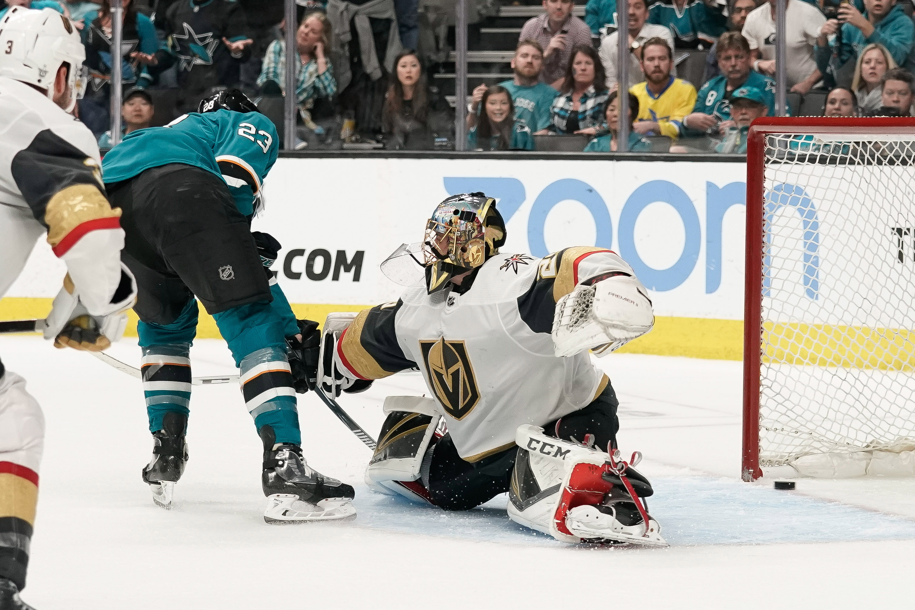 Barclay Goodrow scores past Marc-Andre Fleury as the San Jose Sharks beat the Las Vegas Knights in Game 7 of their 2019 NHL Stanley Cup playoff series