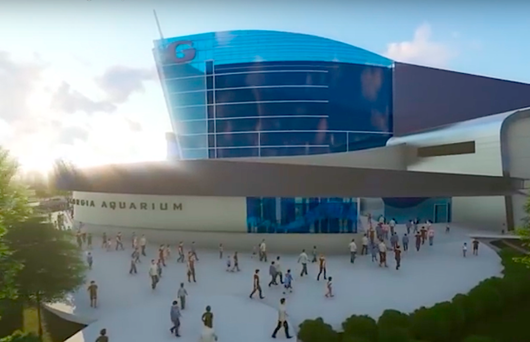 A glass new structure show in renderings with many people in front of it.