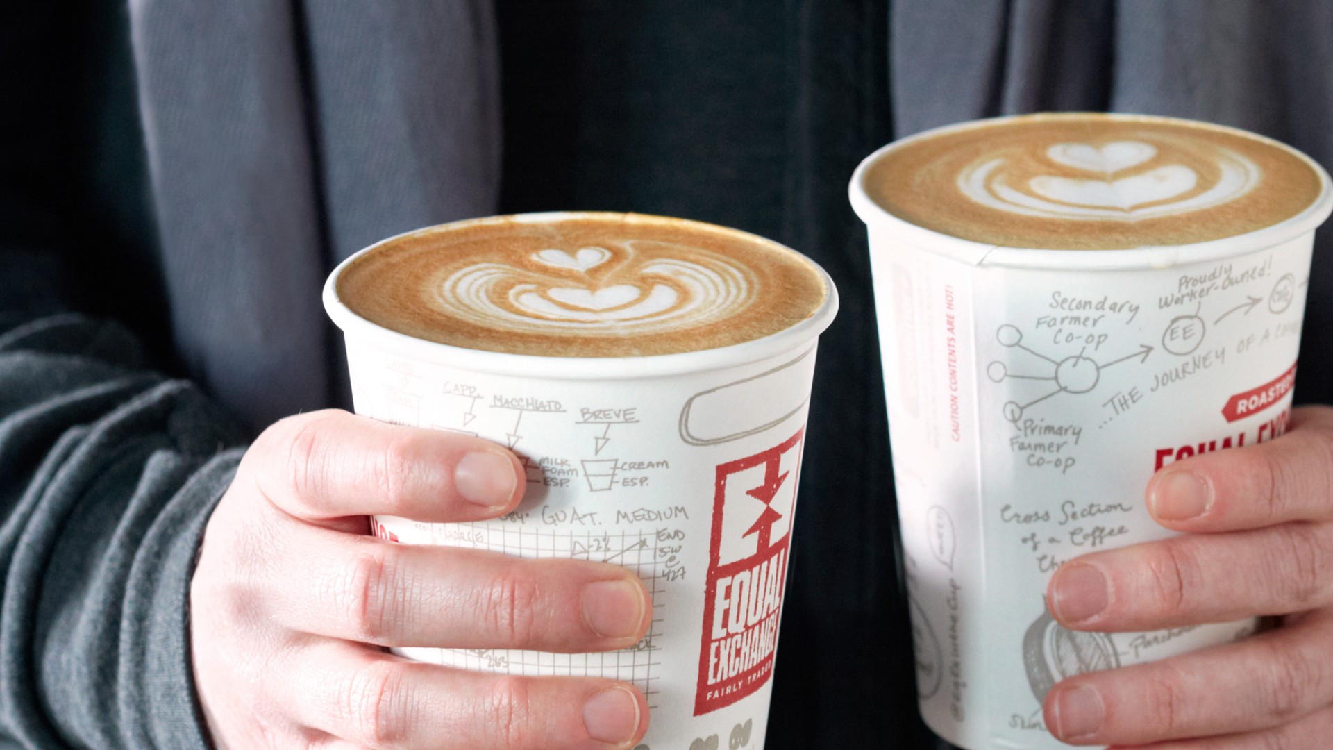 Two hands hold paper cups of coffee with Equal Exchange branding