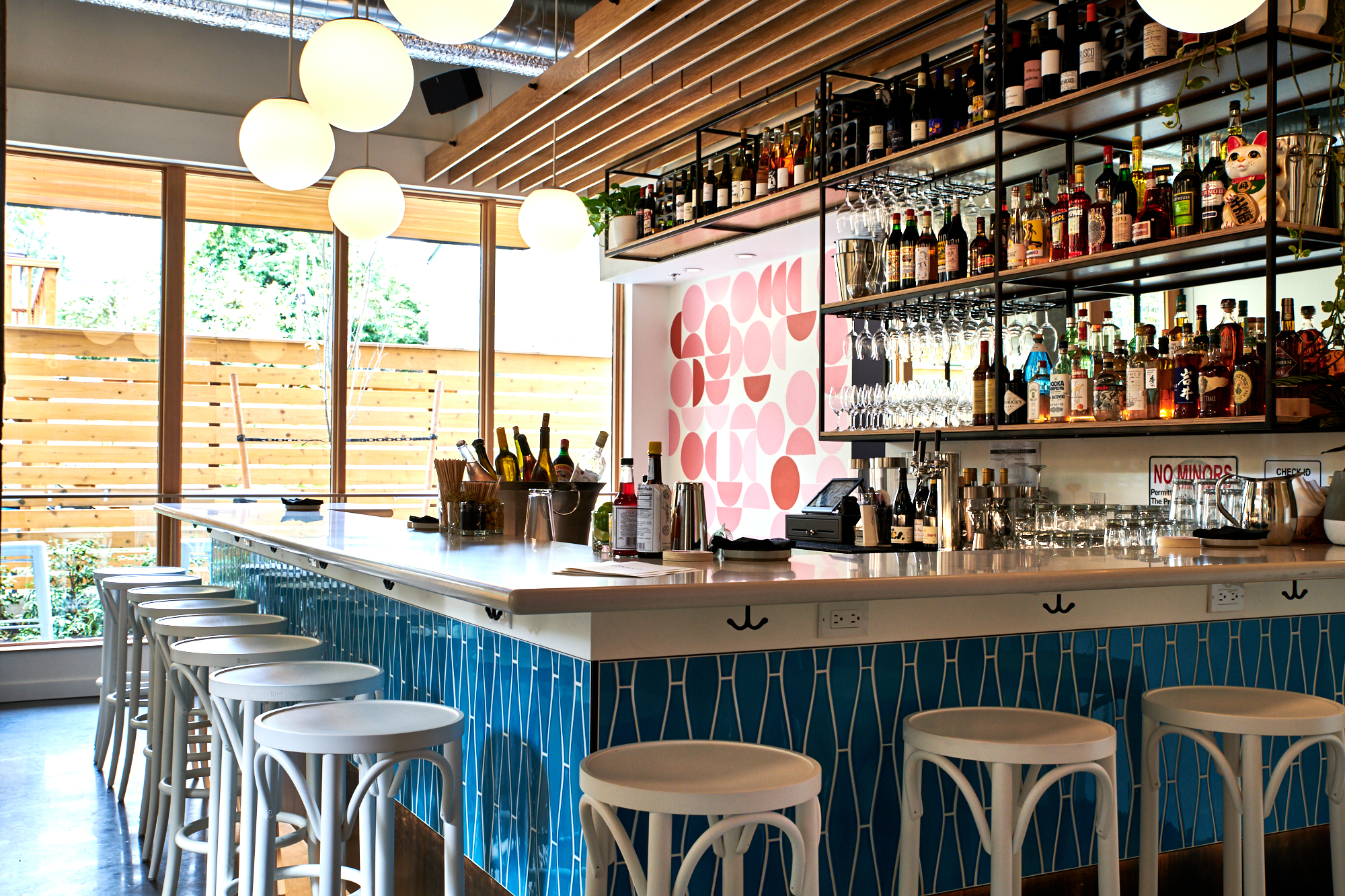 A picture of the blue-and-white bar at Bar Diane