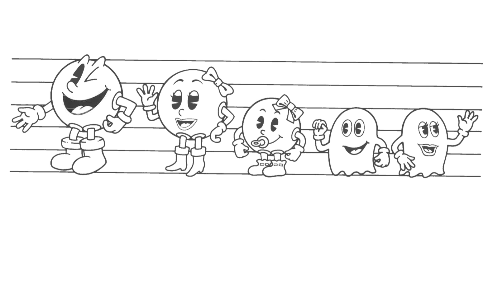 A height chart showing a cartoon lineup of Pac-Man, Ms. Pac-Man, Pac-Baby, Blinky and Sue