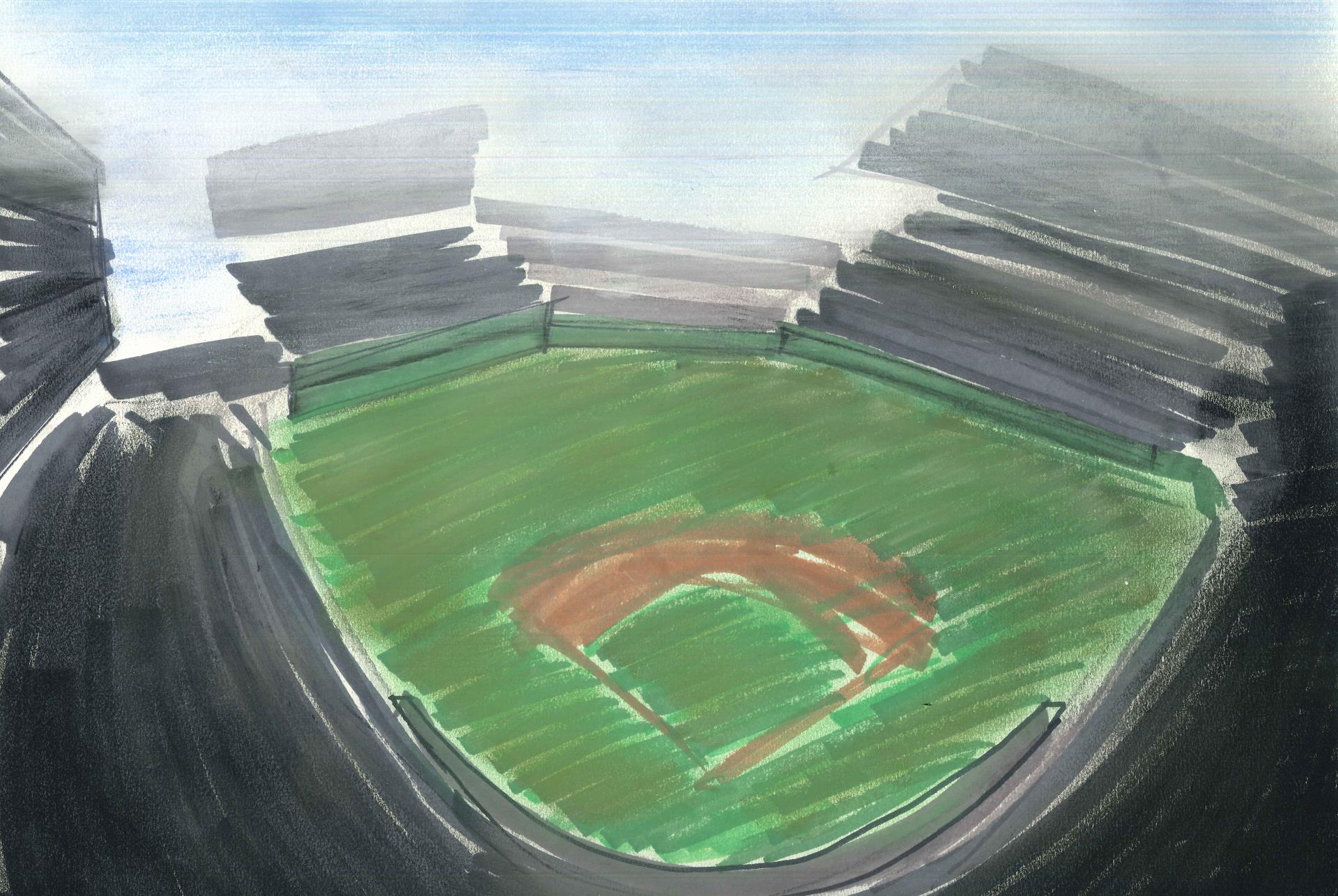 Watercolor illustration looking down on an empty baseball stadium 