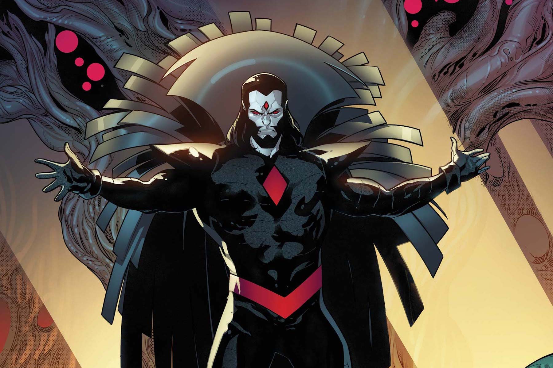 Mister Sinister, in all his caped glory, stands with arms spread, on the cover of Powers of X #5, Marvel Comics (2019).