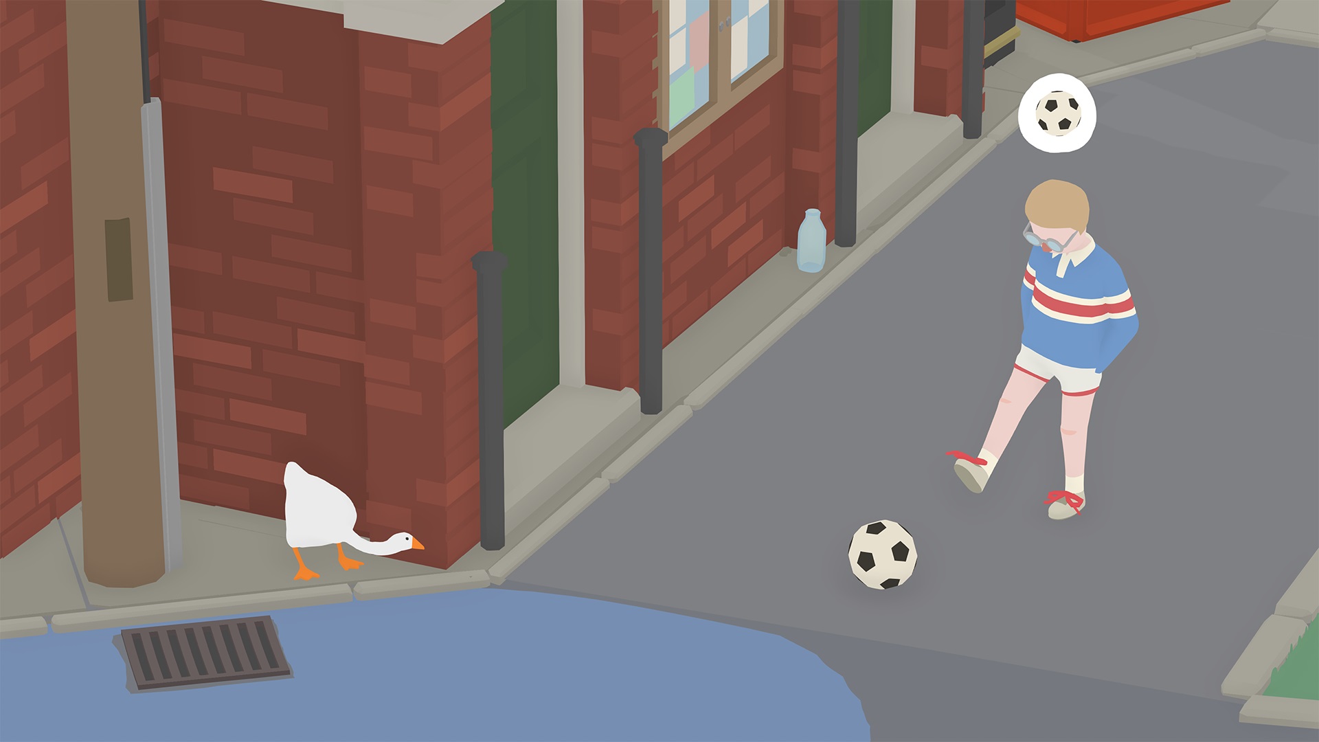 Untitled Goose Game - a child kicks a soccer ball slowly down a street. A goose is waiting to ambush him with honks.