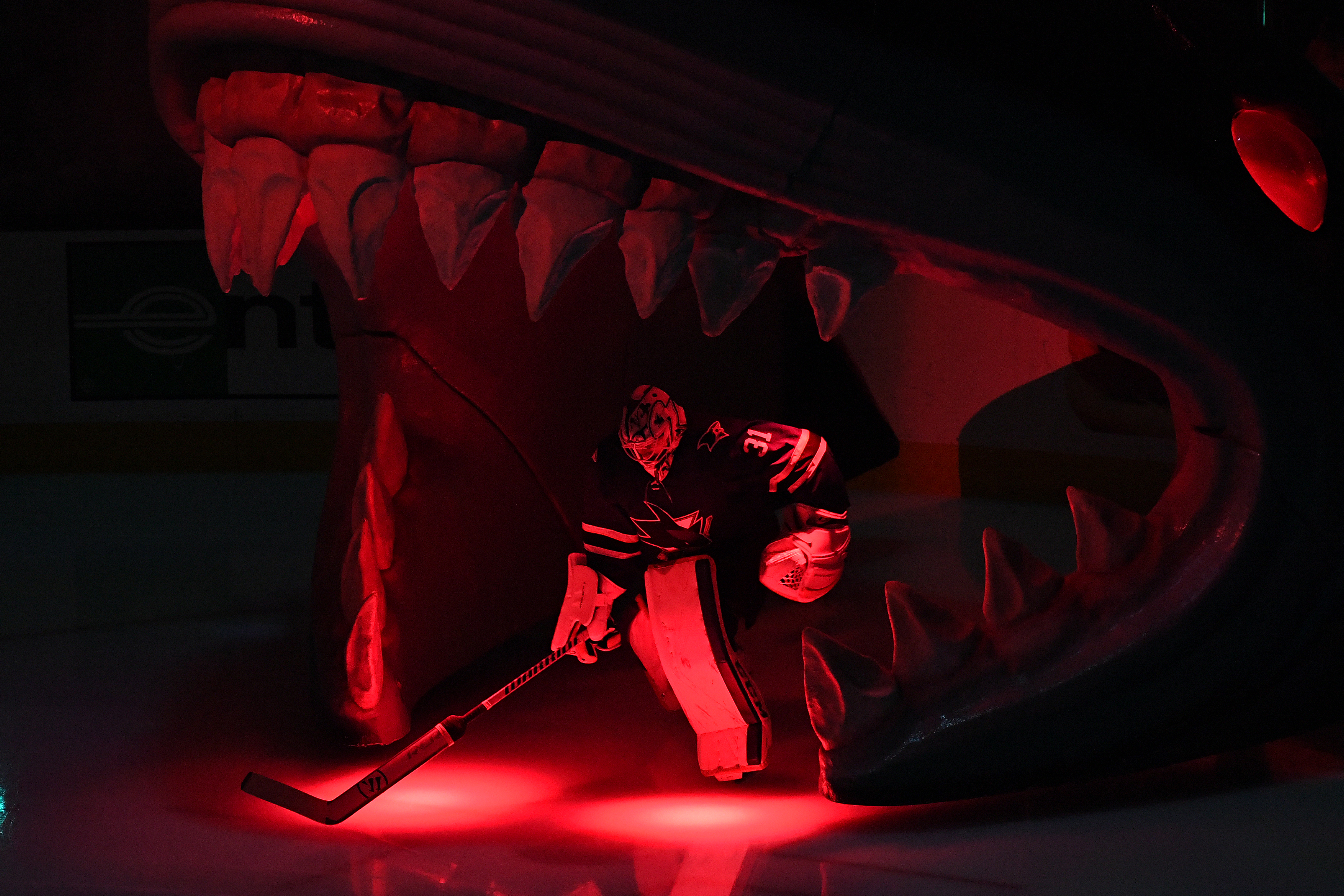 Martin Jones of the San Jose Sharks takes the ice against the St. Louis Blues prior to Game 5 of the Western Conference Final during the 2019 NHL Stanley Cup Playoffs at SAP Center on May 19, 2019 in San Jose, California.