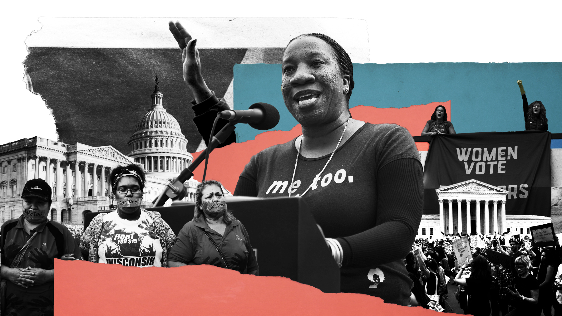 A photo illustration of a woman wearing a MeToo shirt speaking, with protests and the Capitol in the background.