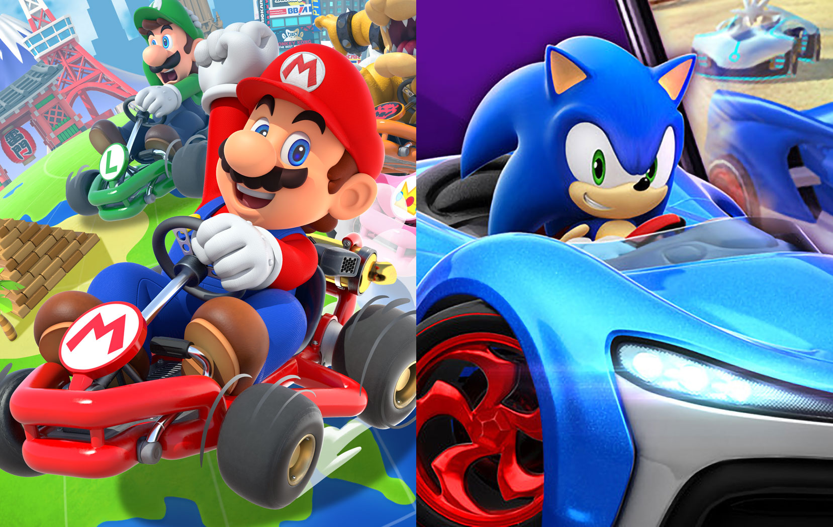 Sonic and Mario riding go-karts next to each other, in an image that shows both characters from their respective games. 