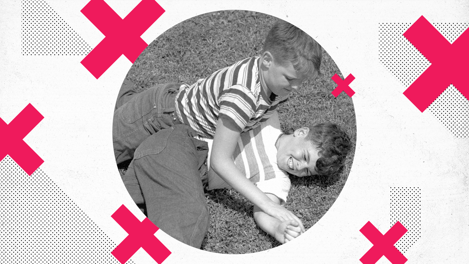 Two young kids wrestling on top of each other. A red X pattern surrounds the photo.