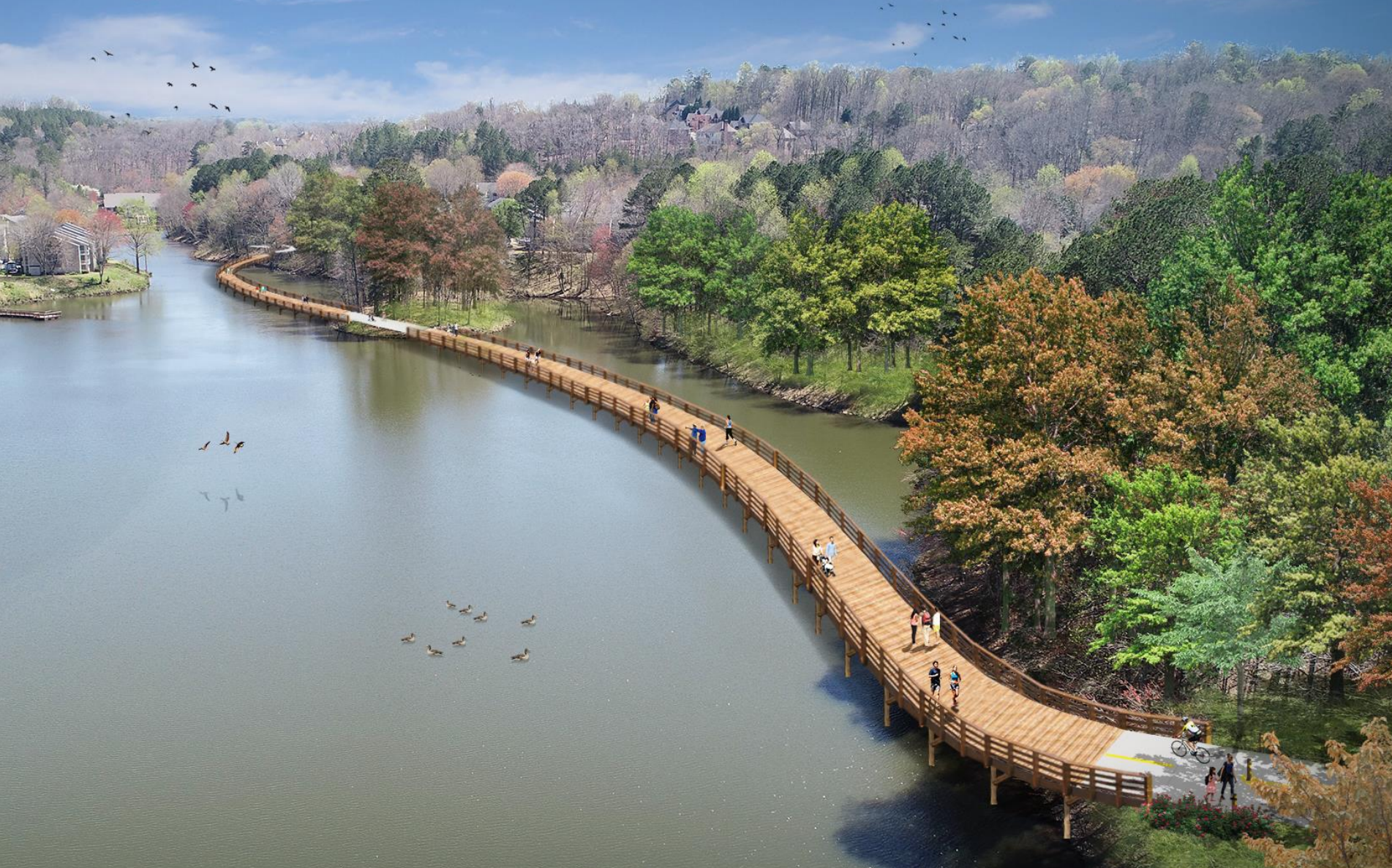 A rendering of a wooden footbridge snaking over a lake.