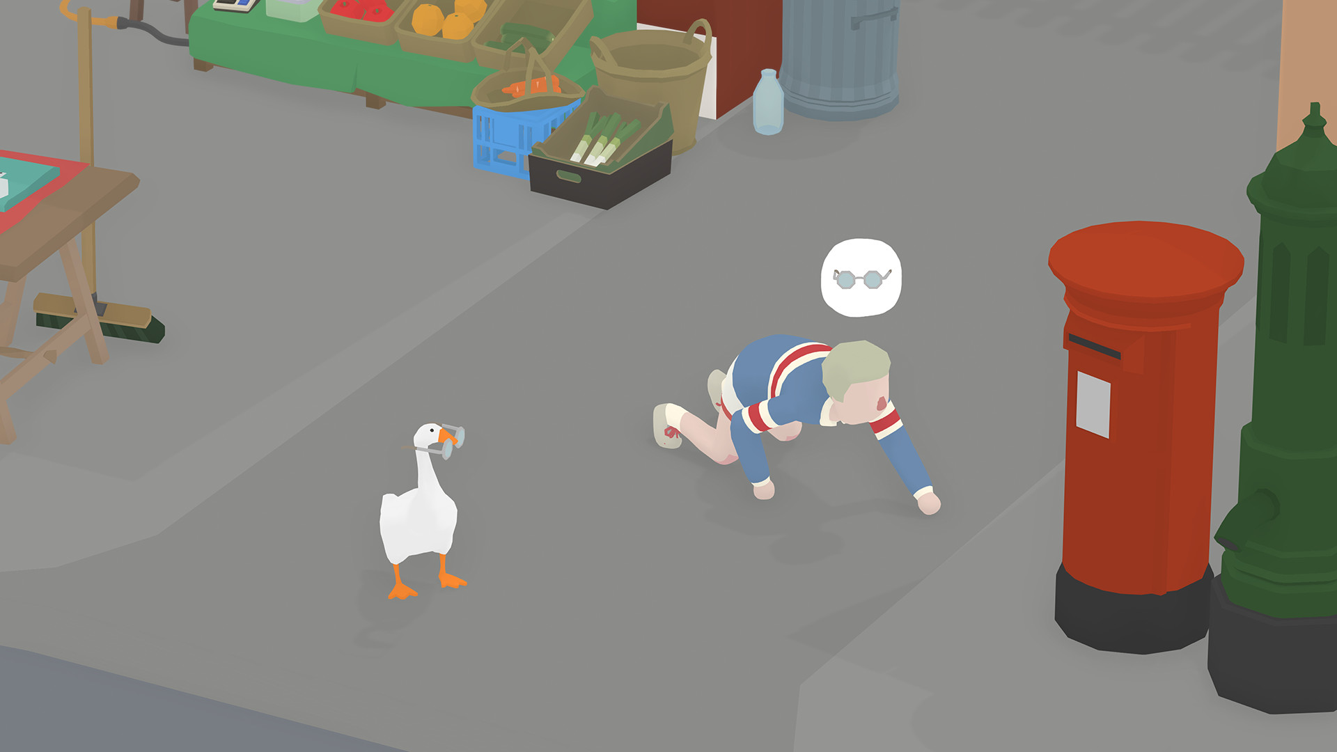 A boy crawling around looking for his glasses, which are held by a goose.