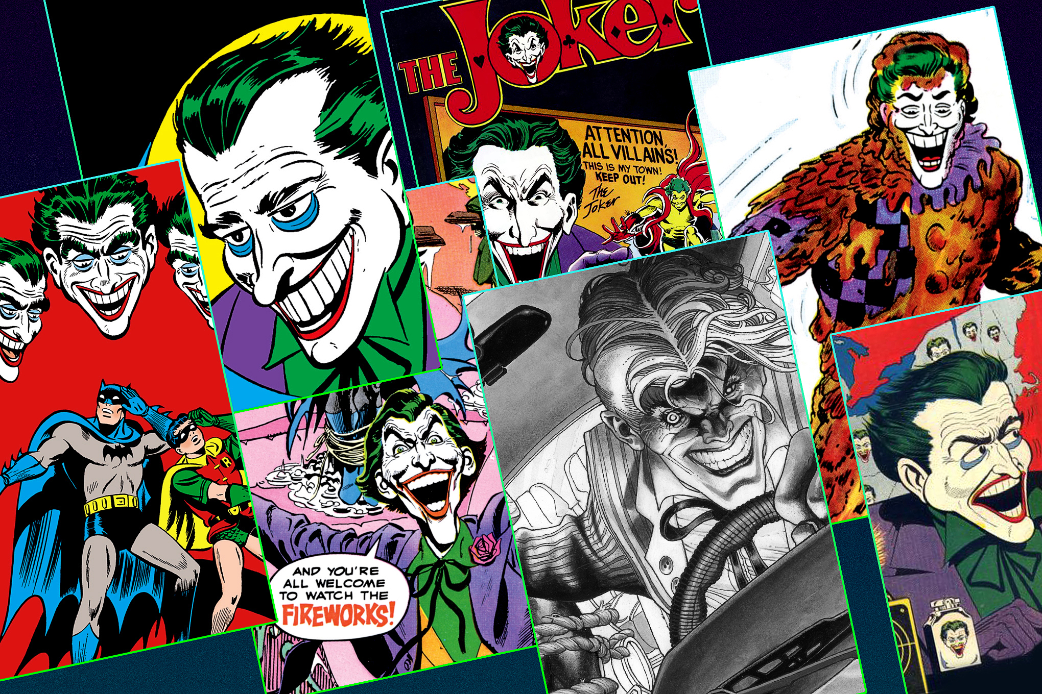 the covers of seven different comics featuring “The Joker”