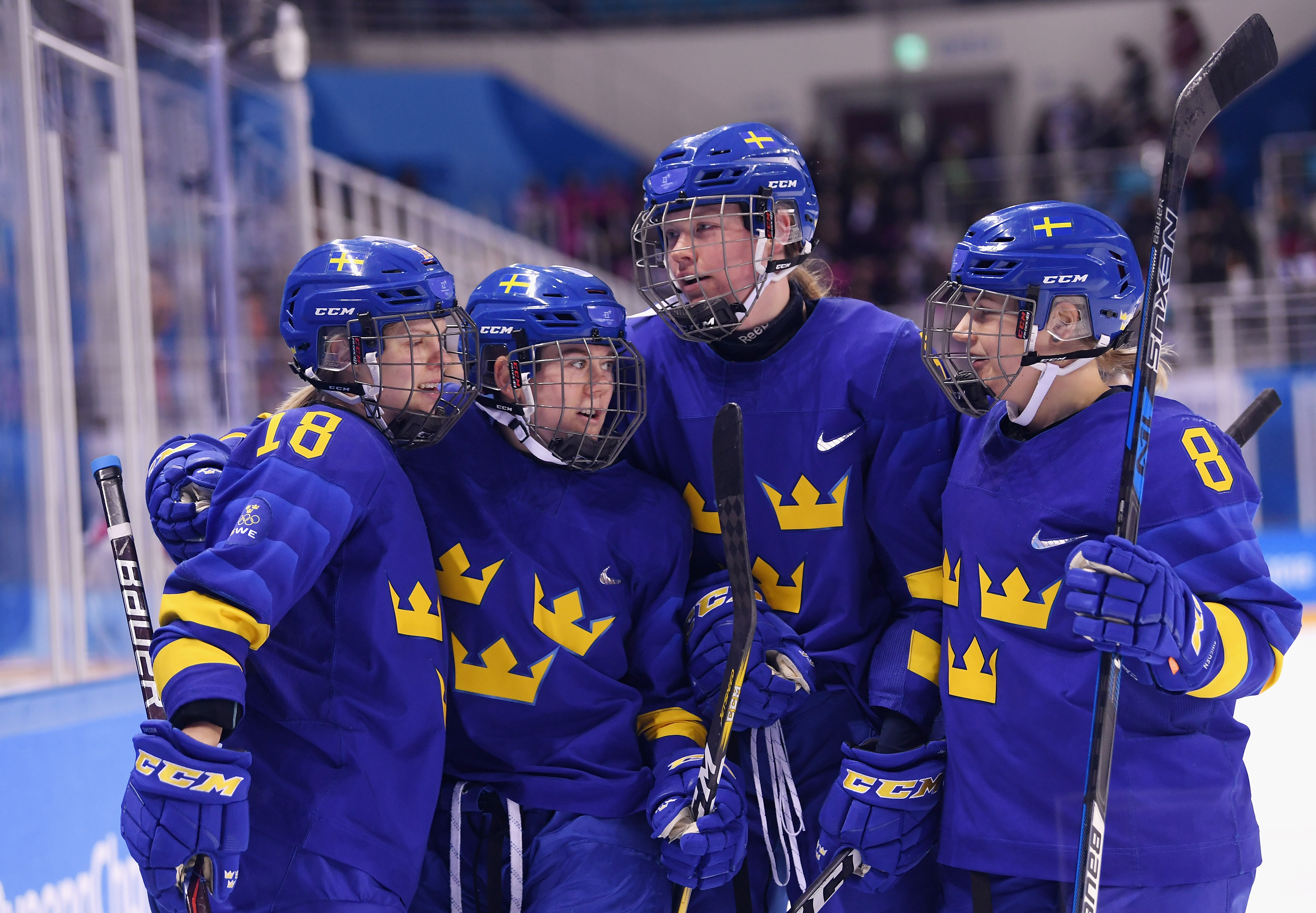 Lisa Johansson #15 of Sweden celebrates with teammates after scoring a third period goal against Korea at the PyeongChang 2018 Winter Olympic Games.