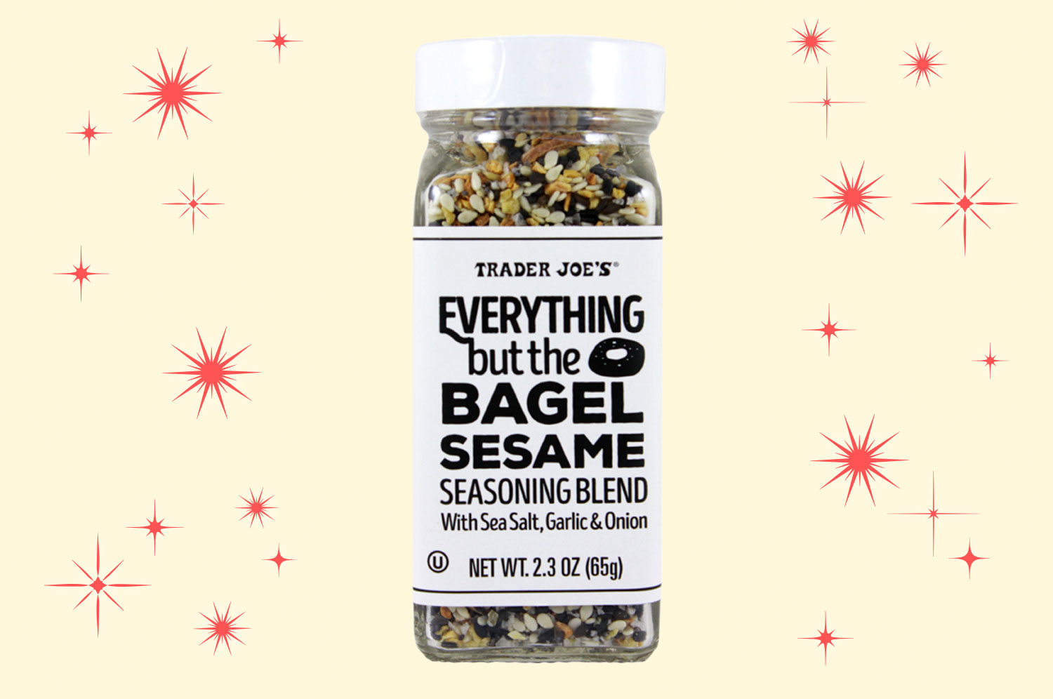 A jar of Everything But the Bagel Seasoning Blend on a tan background with red stars.