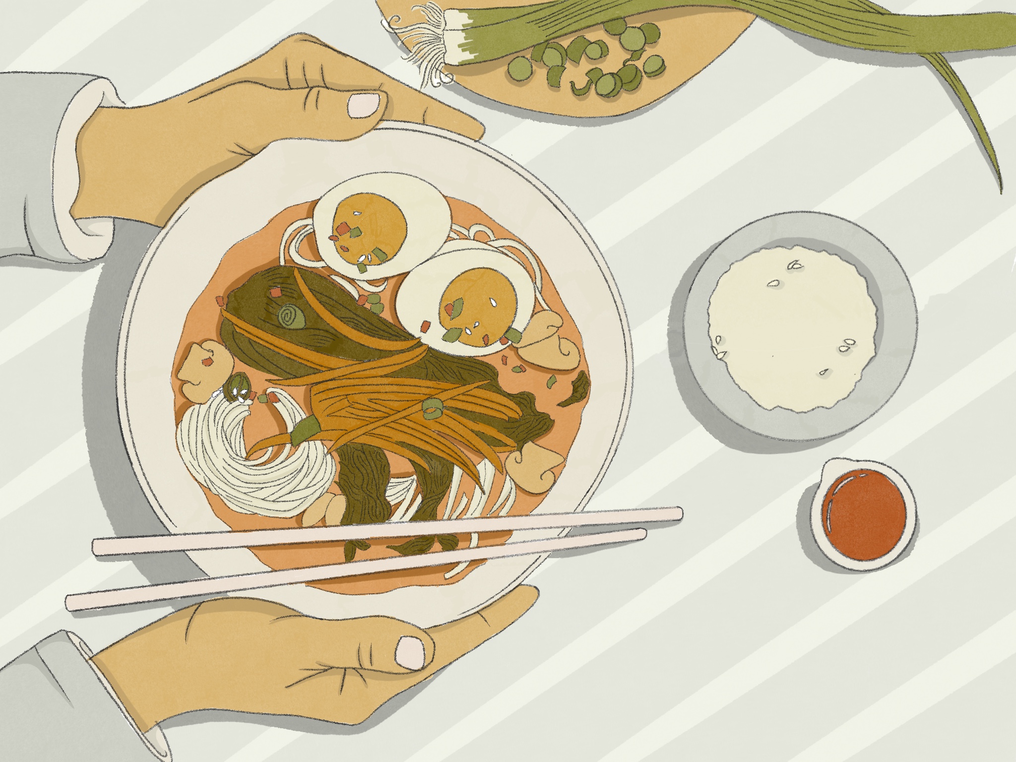 Illustration from above of two hands holding a ramen bowl, which is filled with soup that has two halves of a boiled egg, bok choi, and noodles. two chopsticks are resting on the bowl. other condiments are in front of the bowl.
