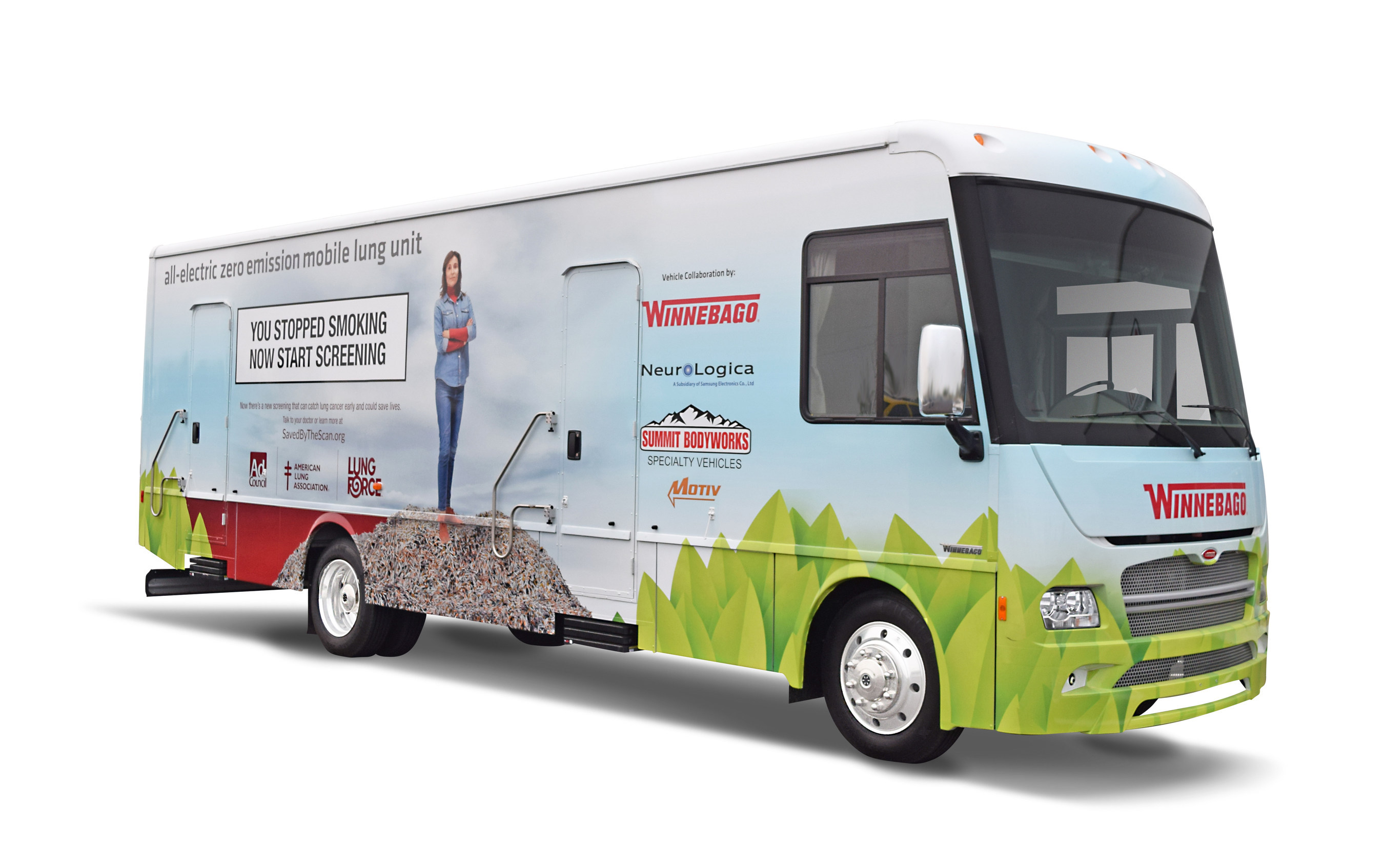A long Winnebago RV features a light blue sky background, painted leaves, and a woman standing. 