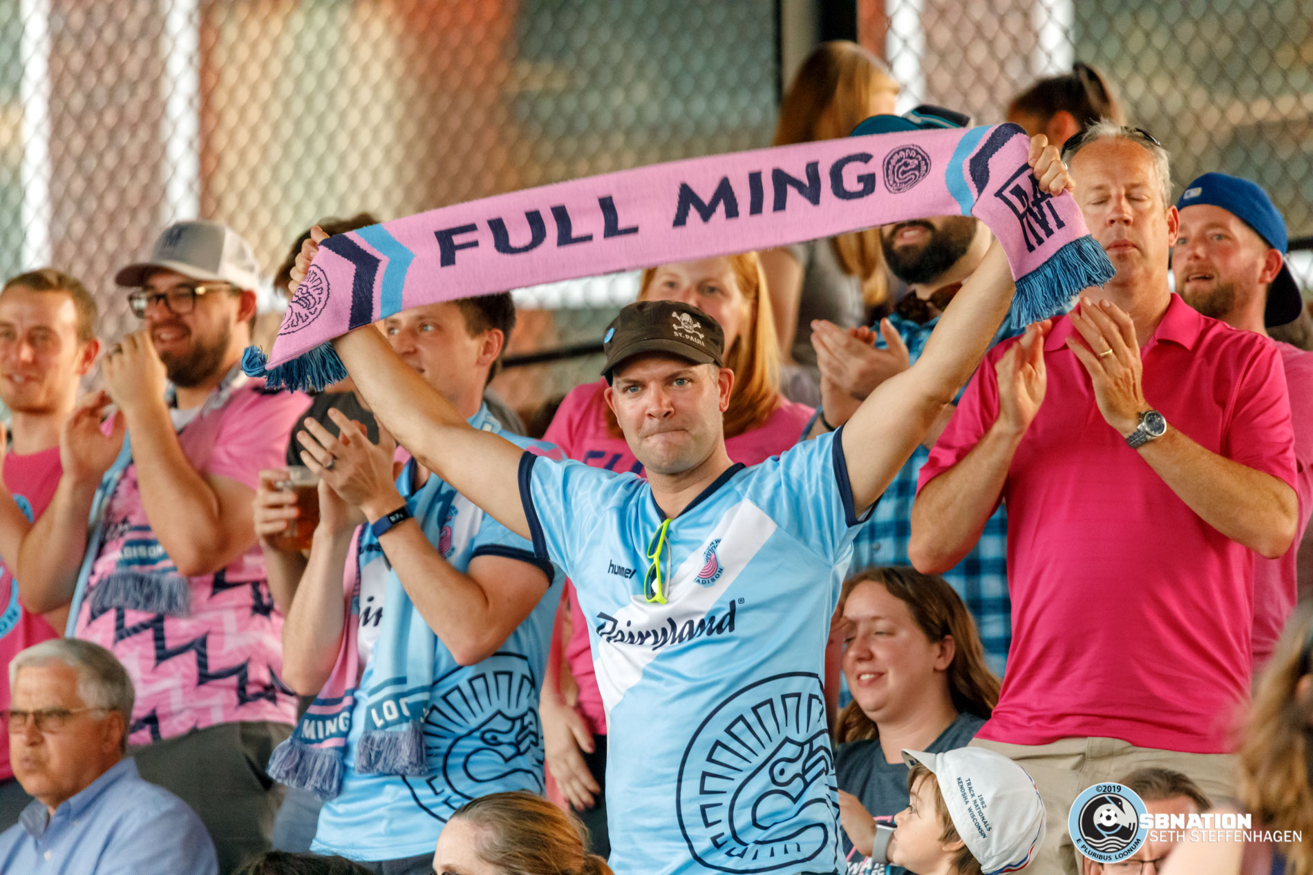 June 25, 2019 - Madison, Wisconsin, United States - Fans celebrate a goal during the Forward Madison FC vs Minnesota United FC friendly match at Breese Stevens Field. 
