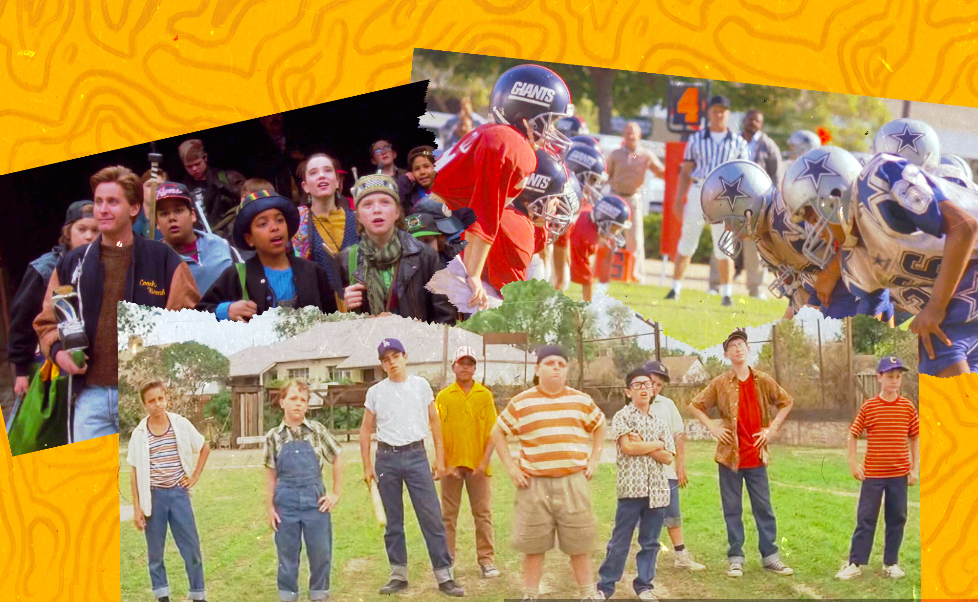 A collage featuring scenes from the 90s movies The Mighty Ducks, Little Giants, and The Sandlot