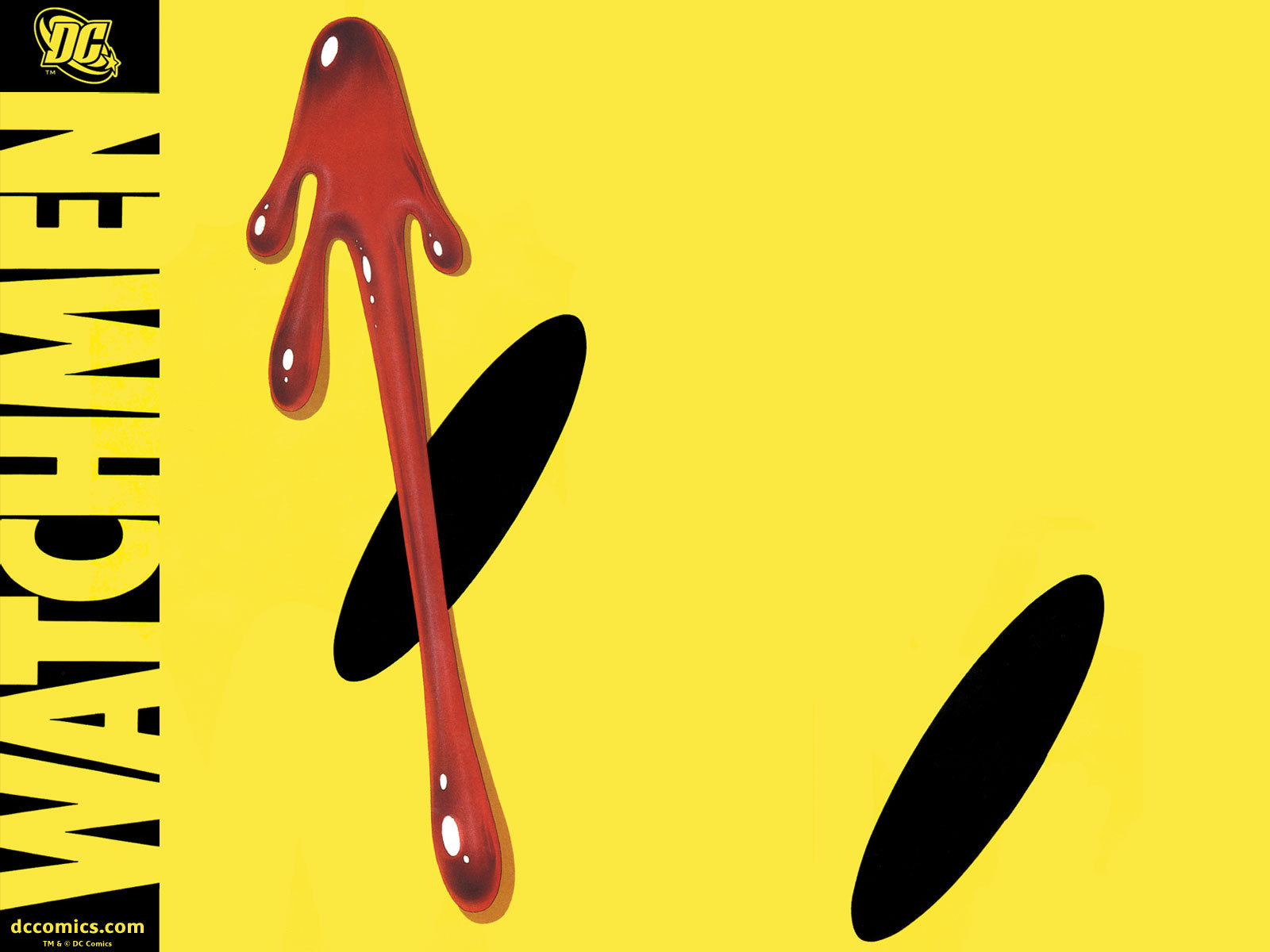 The cover of Watchmen #1 featuring the eyes of a smiley face and a splat of blood.