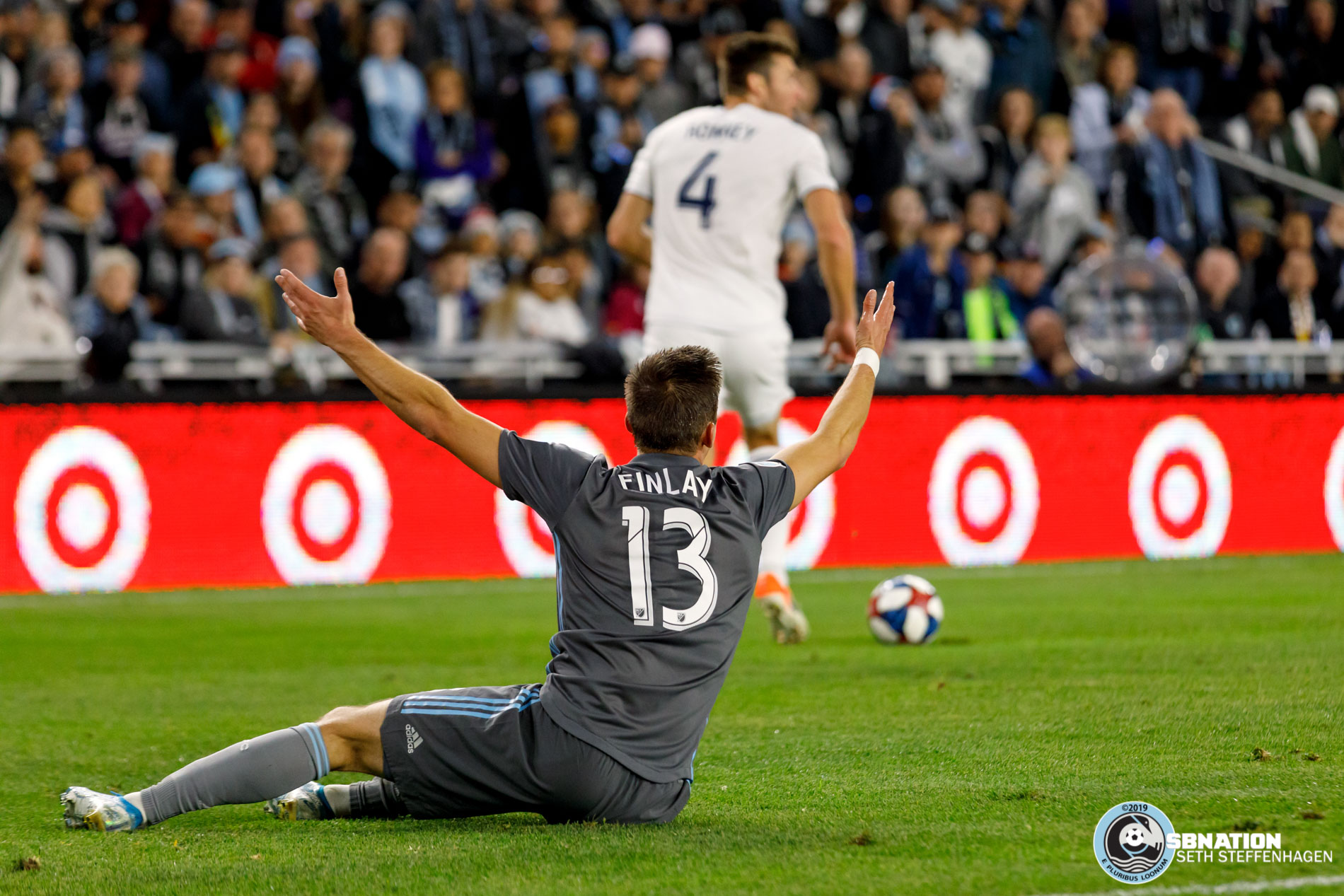October 20, 2019 - Saint Paul, Minnesota, United States - Minnesota United midfielder Ethan Finlay (13) looks for a foul against him during the Minnesota United vs LA Galaxy 1st round playoff match at Allianz Field. 
