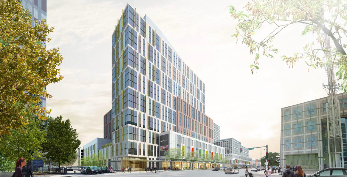 Rendering of a multi-story, rectangular office building. 