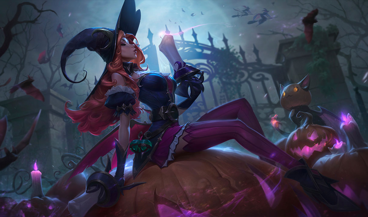 Bewitching Miss Fortune poses on a pumpkin, blowing off the top of her gun
