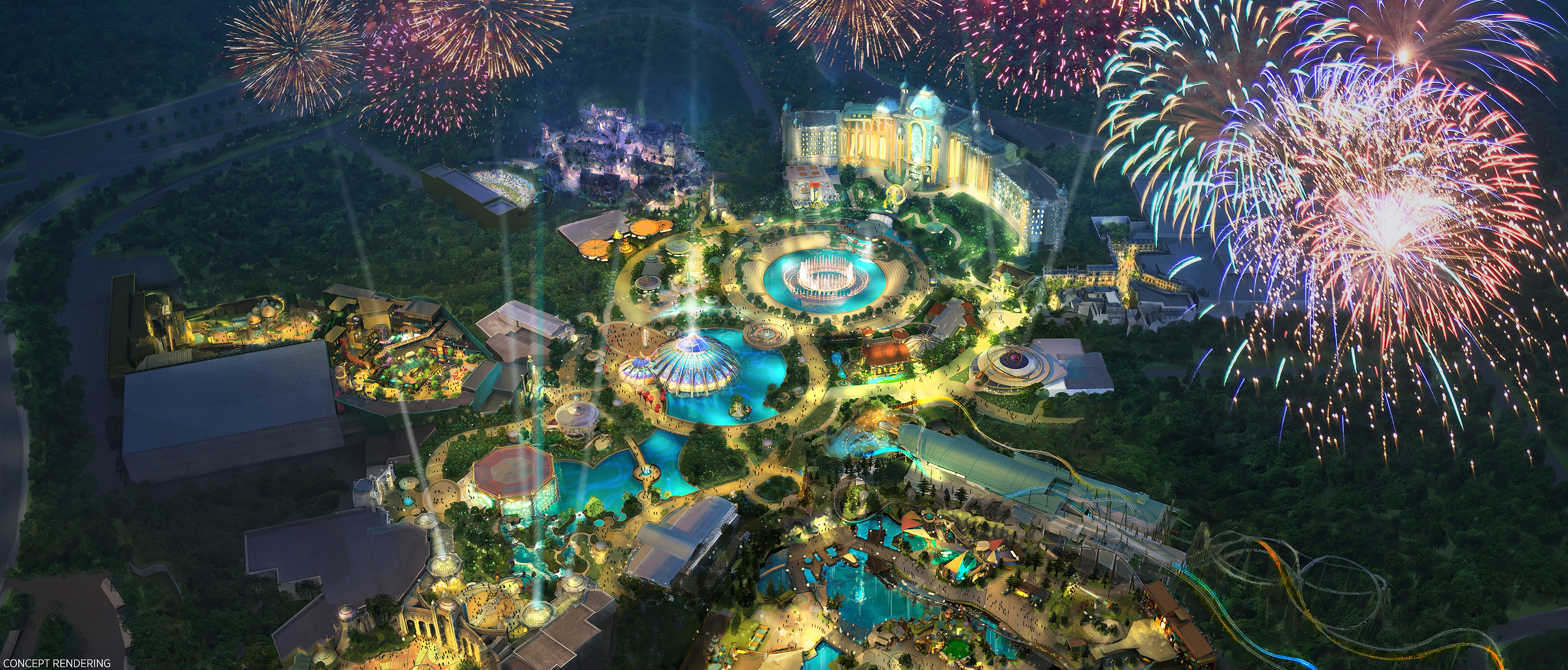 Concept art for Universal Orlando’s Epic Universe shows a glittering golden landscape at night. Absent are any identifiable intellectual properties.