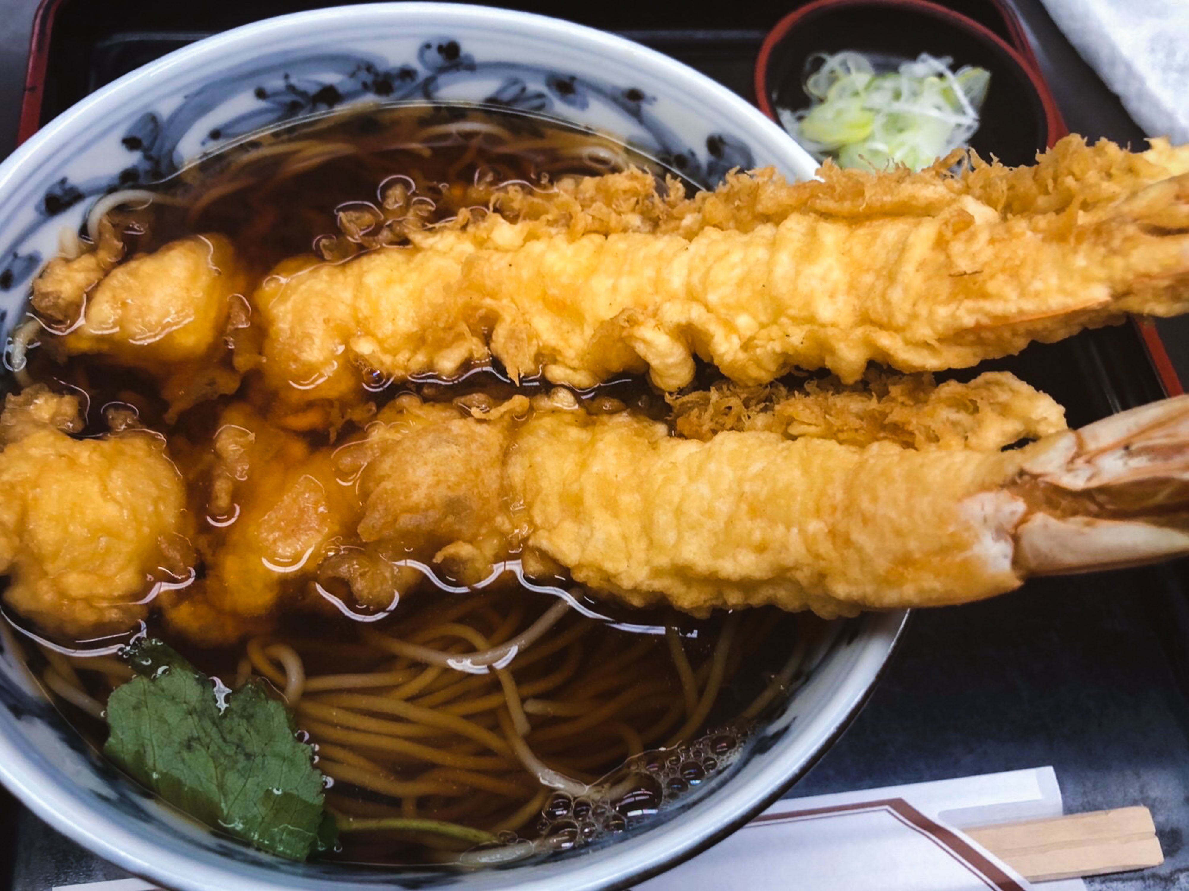 Soba noodle soup with shrimp tempura 